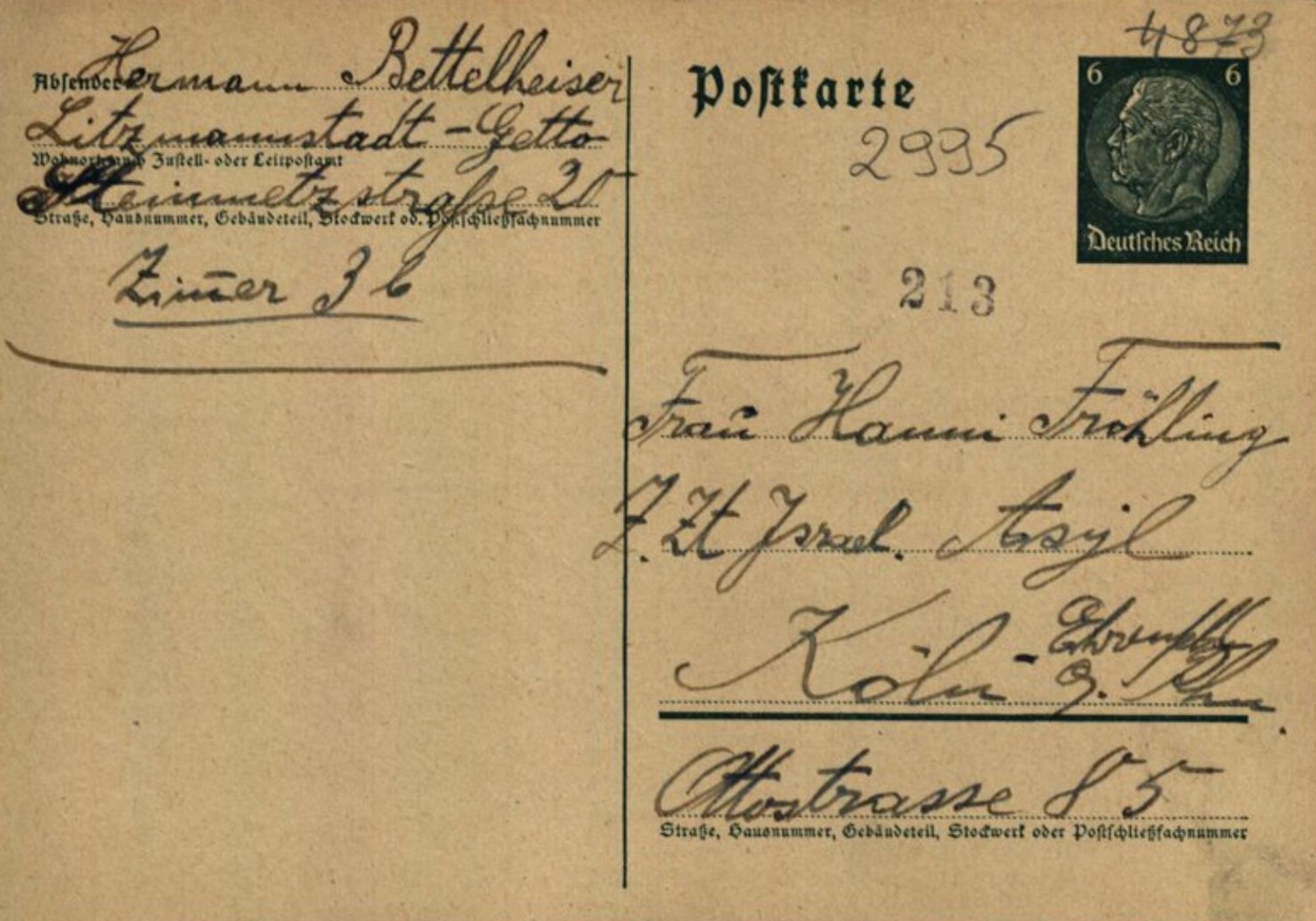 Diese Postkarte schrieb das Ehepaar Meta und Hermann Bettelheiser aus Waldbröl im Dezember 1941 aus dem Ghetto in Litzmannstadt (Lodz) an Nichte Hanni Fröhling in Köln. Es ist das wohl letzte Lebenszeichen.