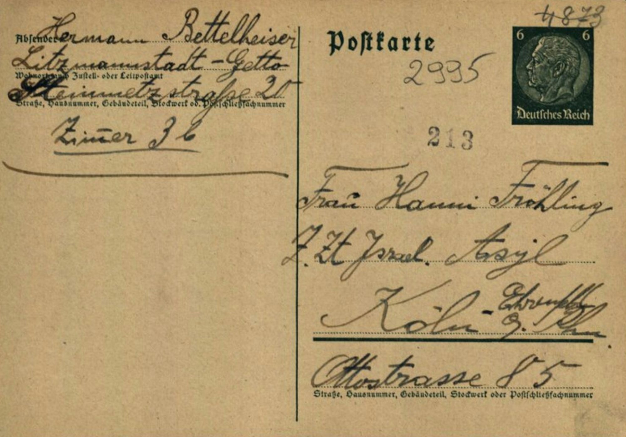 Diese Postkarte schrieb das Ehepaar Meta und Hermann Bettelheiser aus Waldbröl im Dezember 1941 aus dem Ghetto in Litzmannstadt (Lodz) an Nichte Hanni Fröhling in Köln. Es ist das wohl letzte Lebenszeichen.