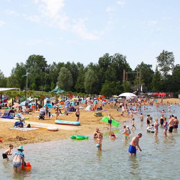 Viele Menschen in Badekleidung stehen im Wasser oder liegen auf Sandstrand, im Hintergrund sind Bäume zu sehen.