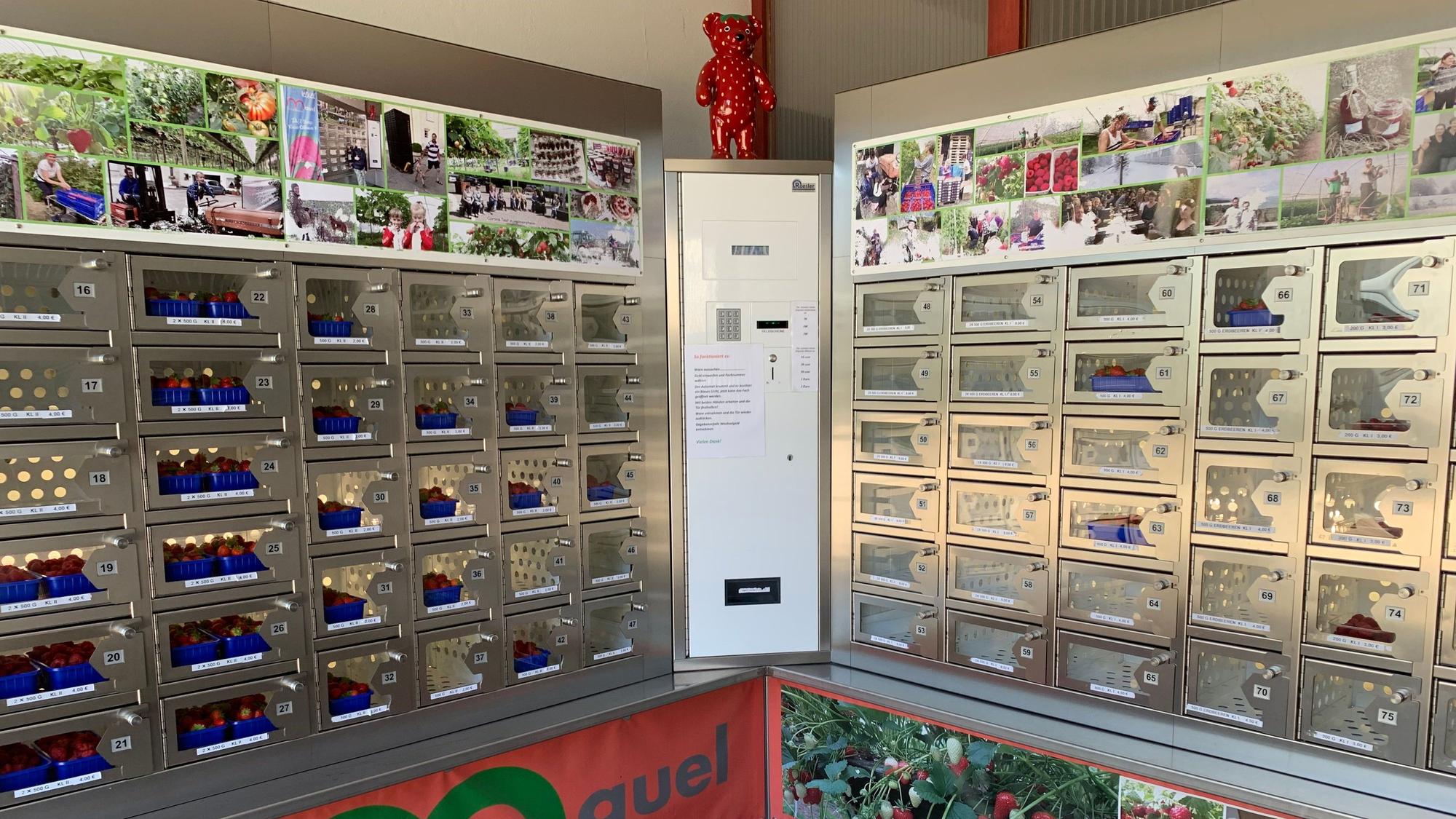 Der Lebensmittelautomat des Obsthof Mauel bietet Himbeeren, Erdbeeren und Aprikosen.