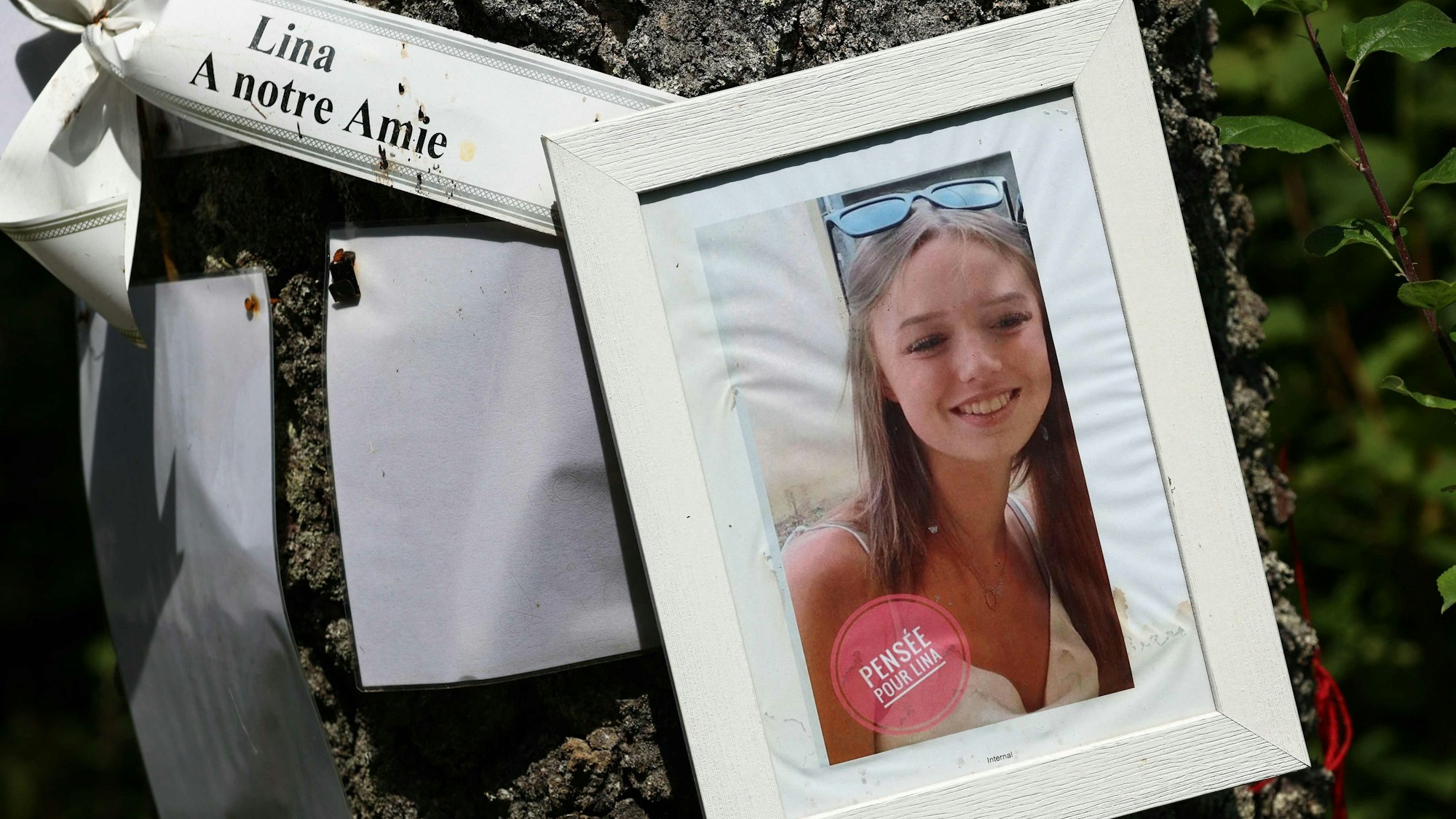 Ein Bild der vermissten Lina hängt an einem Baum in Saint-Blaise-La-Roche. Seit Monaten suchen Ermittler nach der 15-Jährigen.