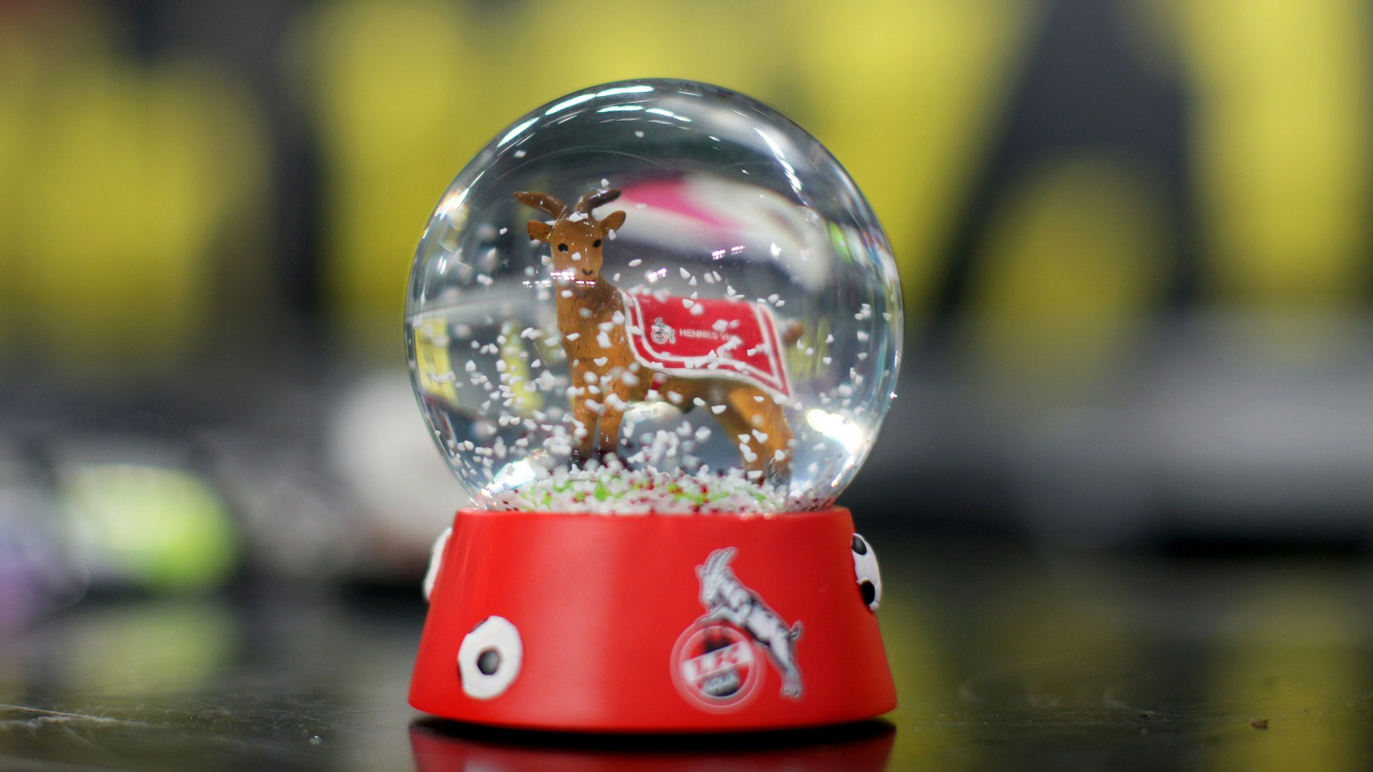 Eine Schneekugel mit dem Maskottchen des 1. FC Köln, dem Geißbock Hennes ,steht im Stadion. F