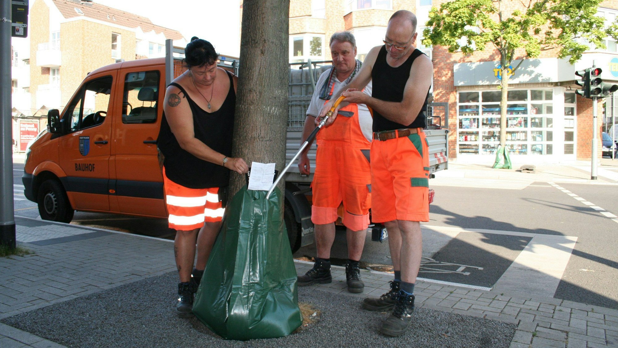 An größeren Bäumen werden zwei Säcke befestigt, sodass die doppelte Menge Wasser zur Verfügung steht. Über Löcher am Boden läuft das Wasser über einen Zeitraum von mehreren Stunden ab. Auf dem Bild sind die Helfer in oranger Signalkleidung zu sehen, die die Säcke anbringen.