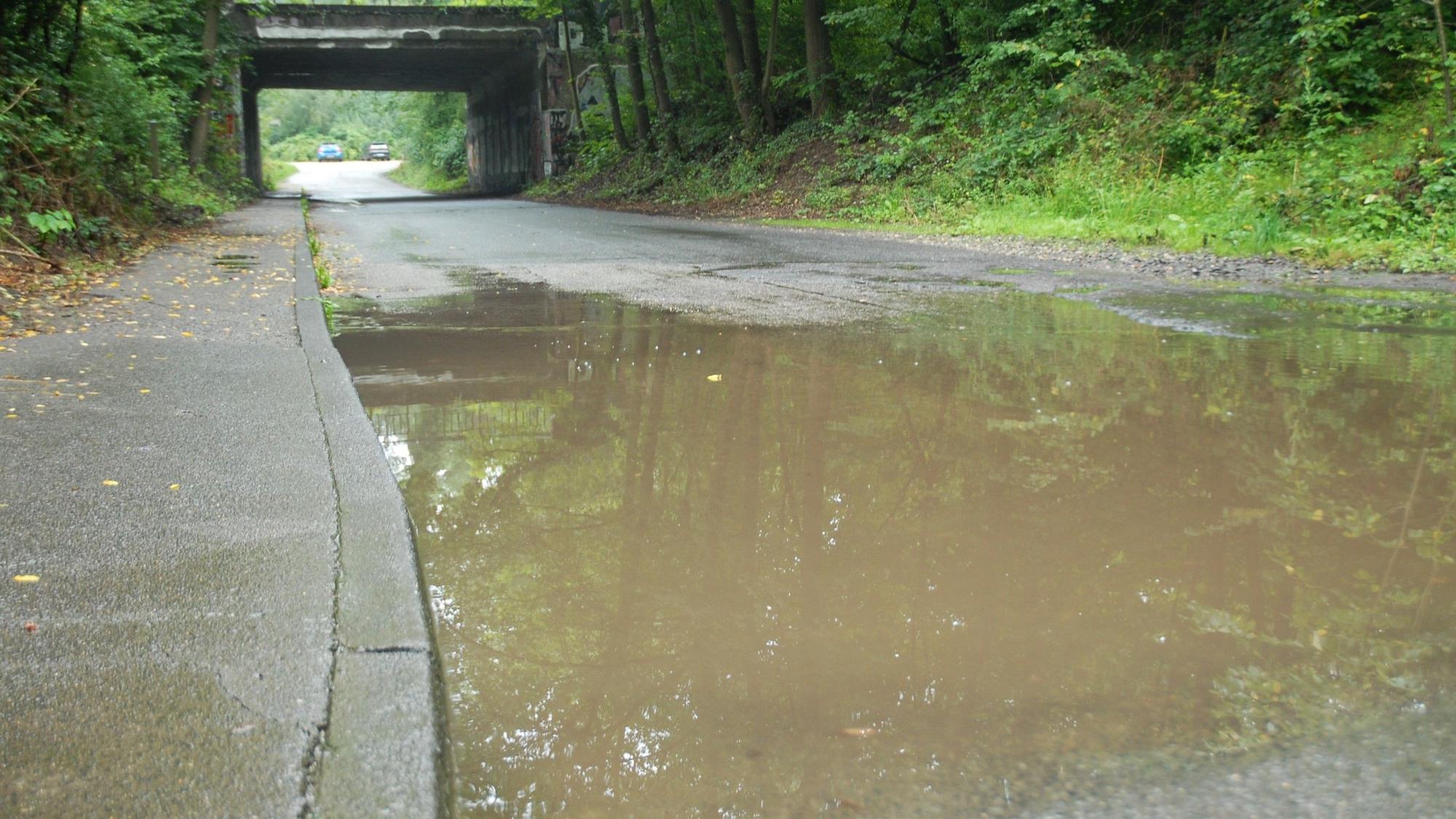 Wasser sammelt sich auf einer Straße.
