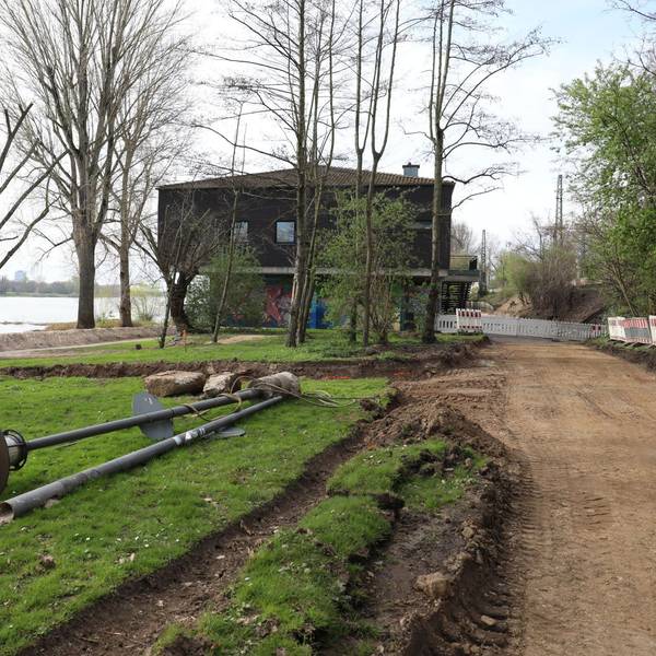 Auf einer Wiese lagern Straßenlaternen, die Bauarbeiten am Rheinradweg ruhen.