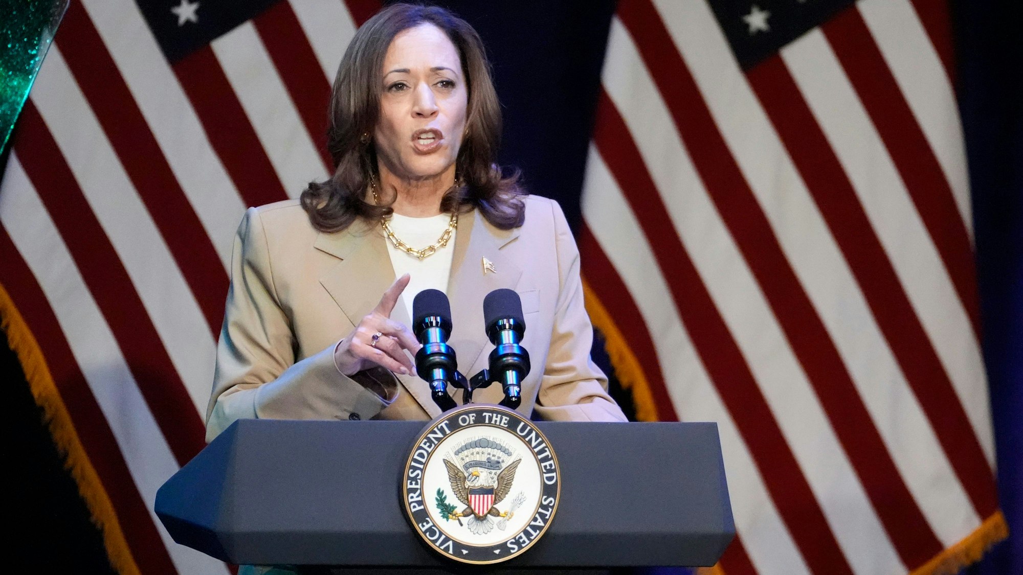 US-Vizepräsidentin Kamala Harris hält eine Rede bei einer Wahlkampfveranstaltung in Pittsfield, Massachusetts.