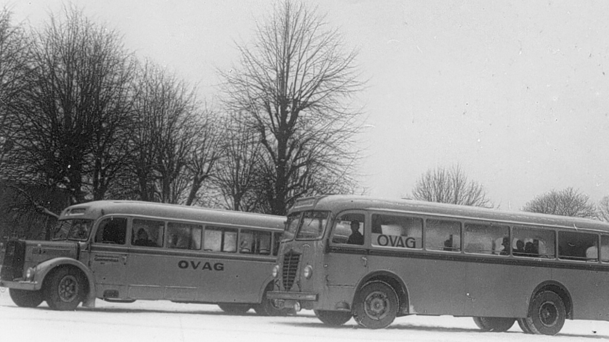 Zu sehen ist eine historische Aufnahme mit zwei Omnibussen.