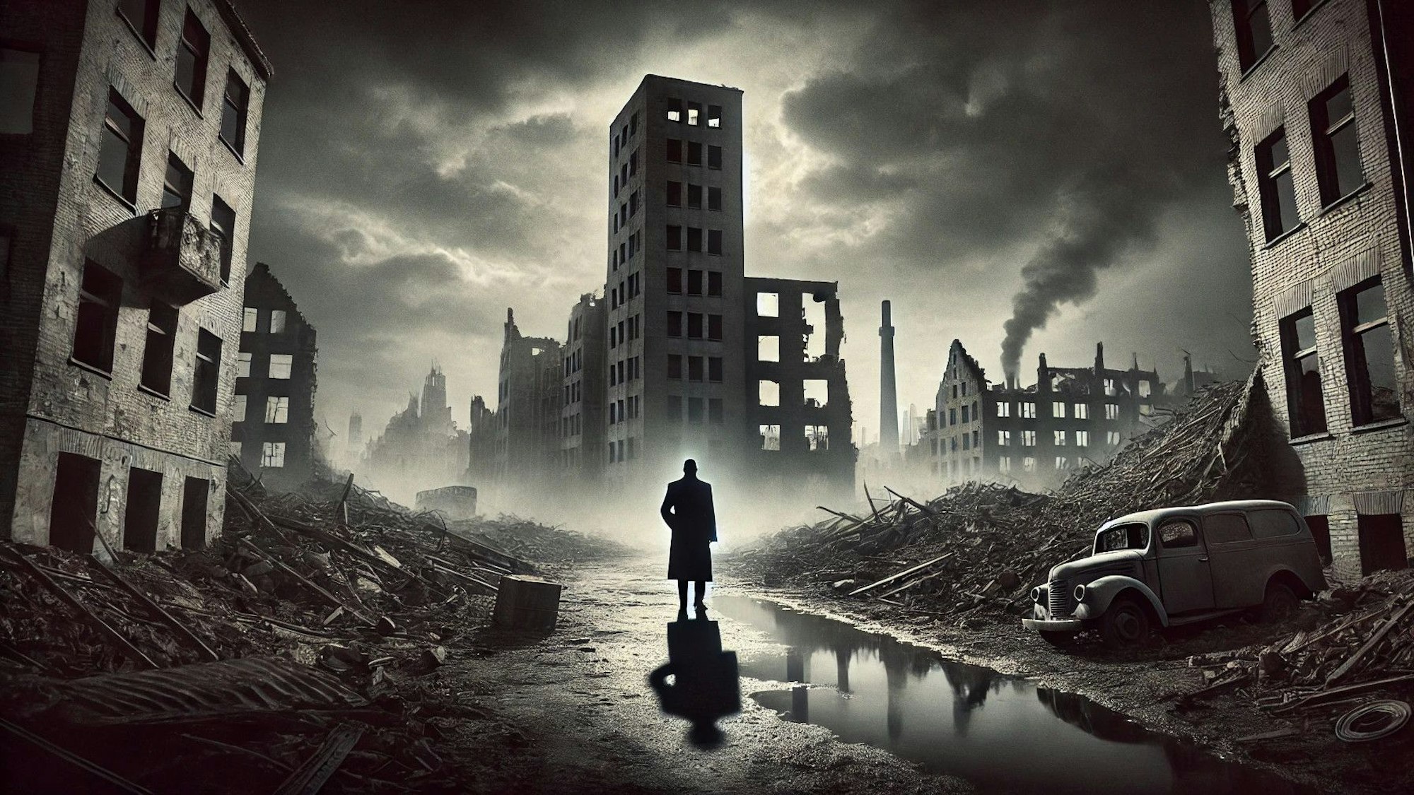 Ein Mann steht in einer zerbombten Stadt.