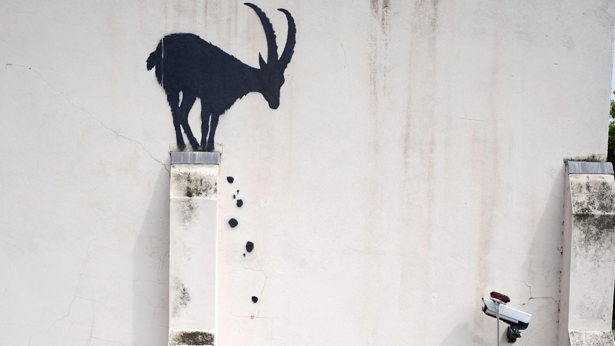 Mitarbeiter bringen eine Überwachungskamera an einer Hauswand in der Nähe der Kew Bridge im Westen Londons wieder in ihre ursprüngliche Position, nachdem der Künstler Banksy sie verschoben hatte, um an dieser Hauswand sein neuestes Kunstwerk zu gestalten: die Silhouette eines Steinbocks.
