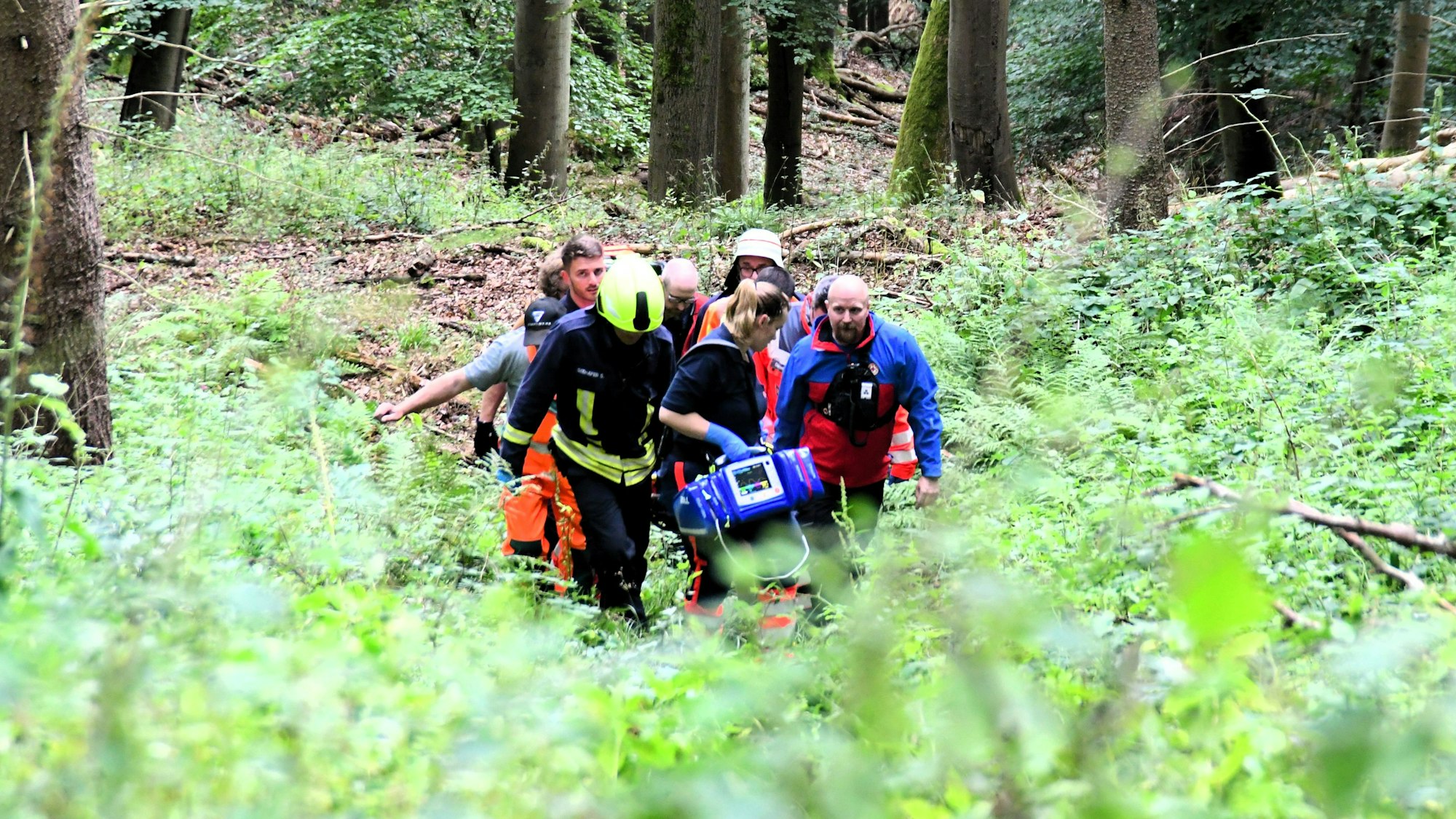 Mitglieder der Feuerwehr, des Rettungsdienstes und der Bergwacht tragen einen Verletzten durch den Wald.