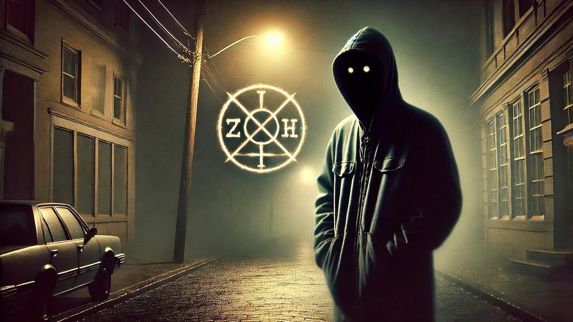 Ein Mann steht mit Maske und leuchtenden Augen auf einer Straße.