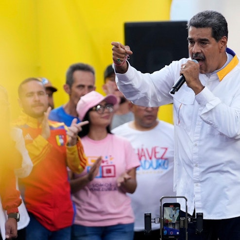 Nicolas Maduro, Präsident von Venezuela, spricht zu Anhängern während einer Regierungskundgebung in Caracas, Venezuela.