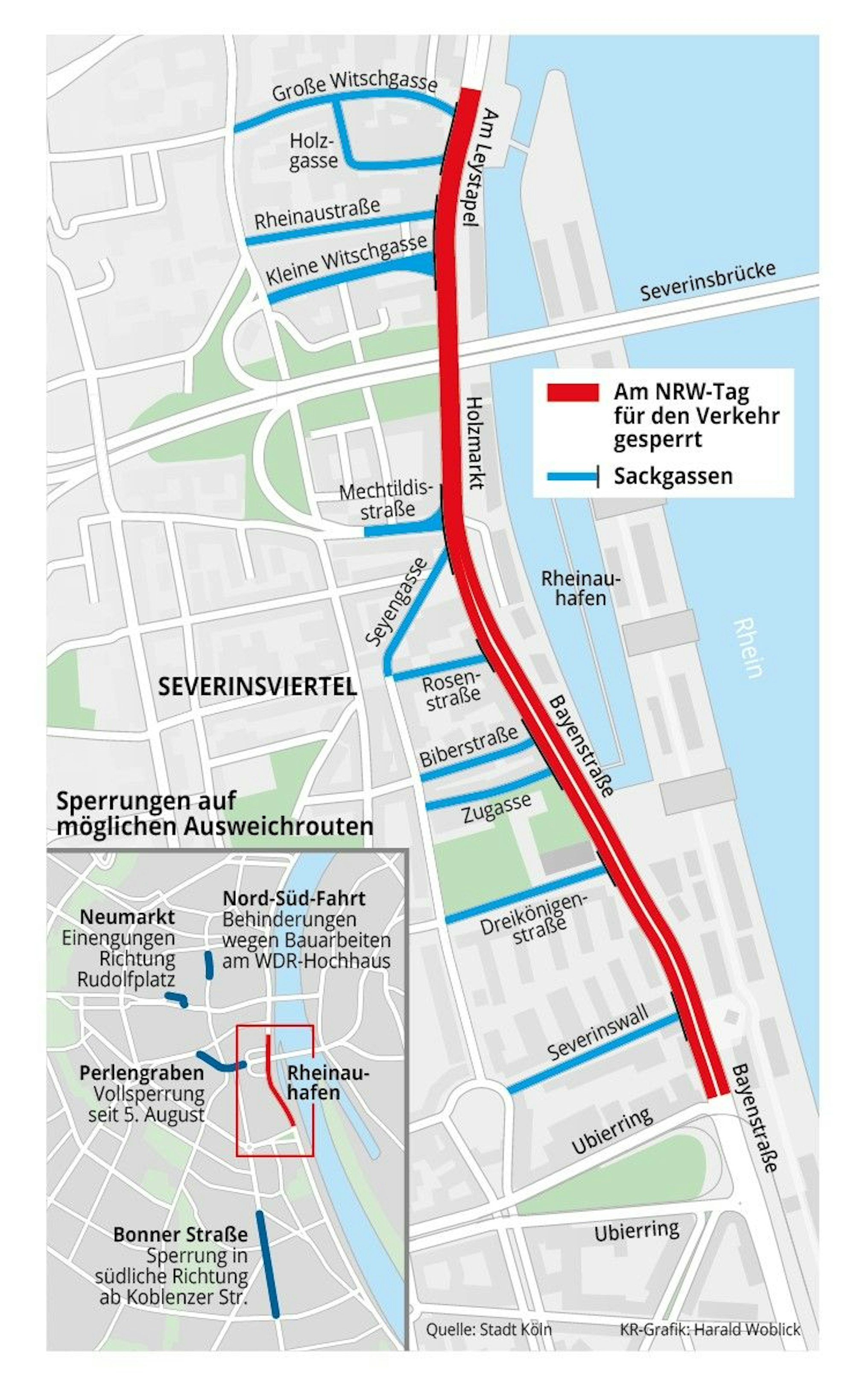 Vom 14. bis zum 20. August gelten die Sperrungen an der Rheinuferstraße. Auch in der Umgebung gibt es in diesen Zeitraum Einschränkungen.