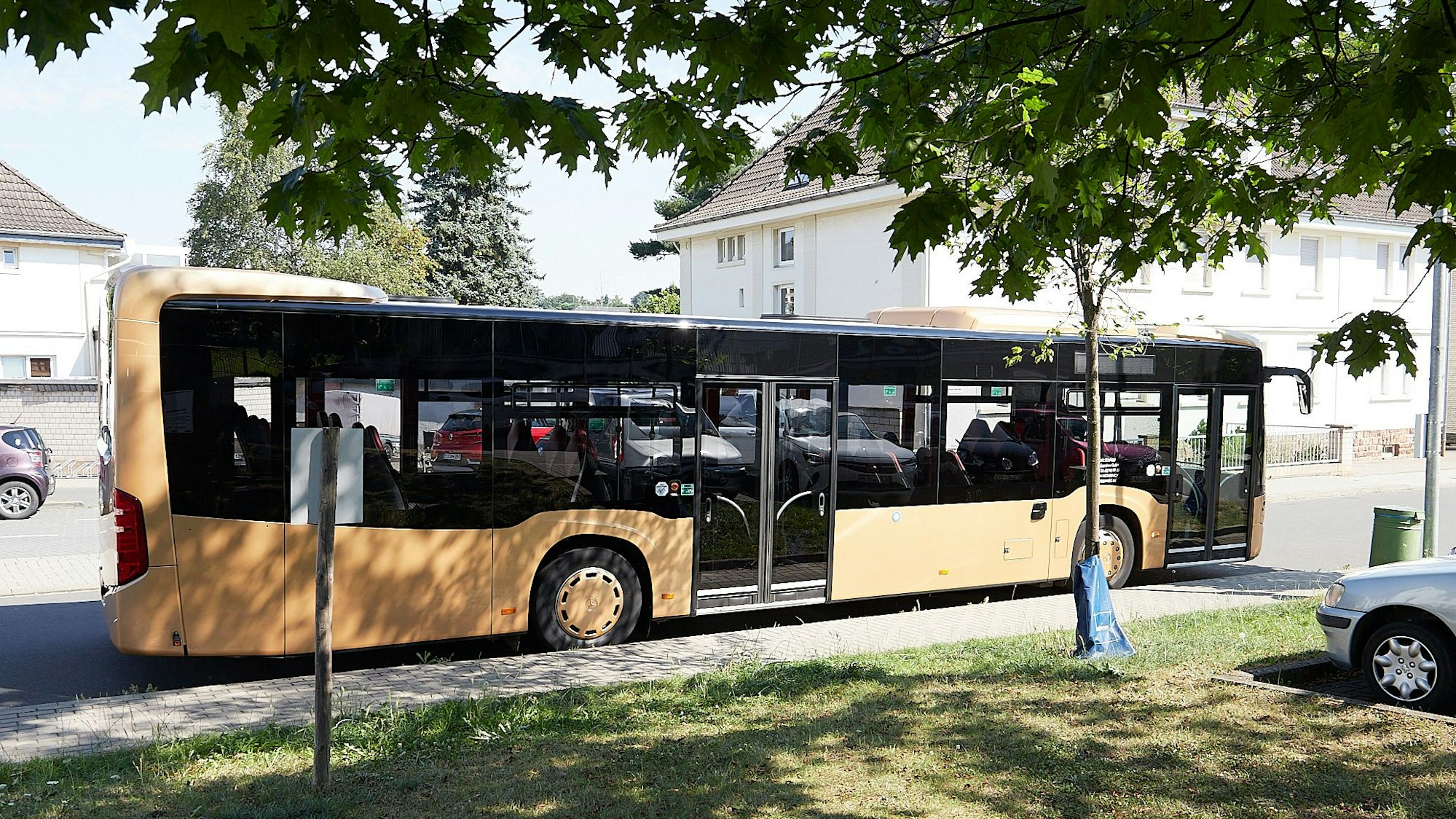 Ein Bus steht am Straßenrand, direkt an einem Bürgersteig.