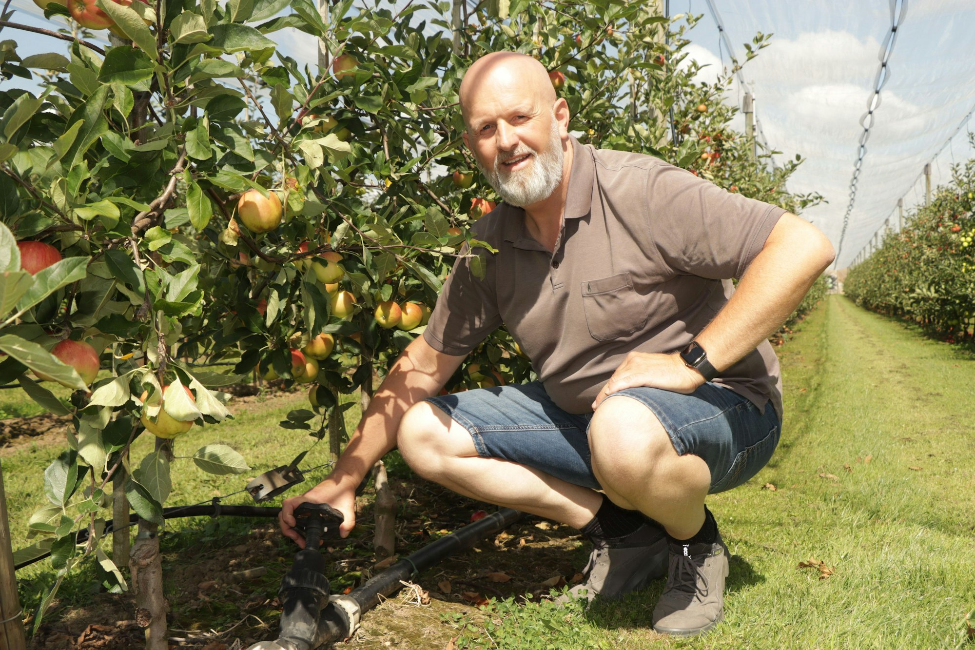 Das Bild zeigt den Oberbauer Roland Schmitz-Hübsch an der Bewässerungsanlage auf der Apfelplantage.