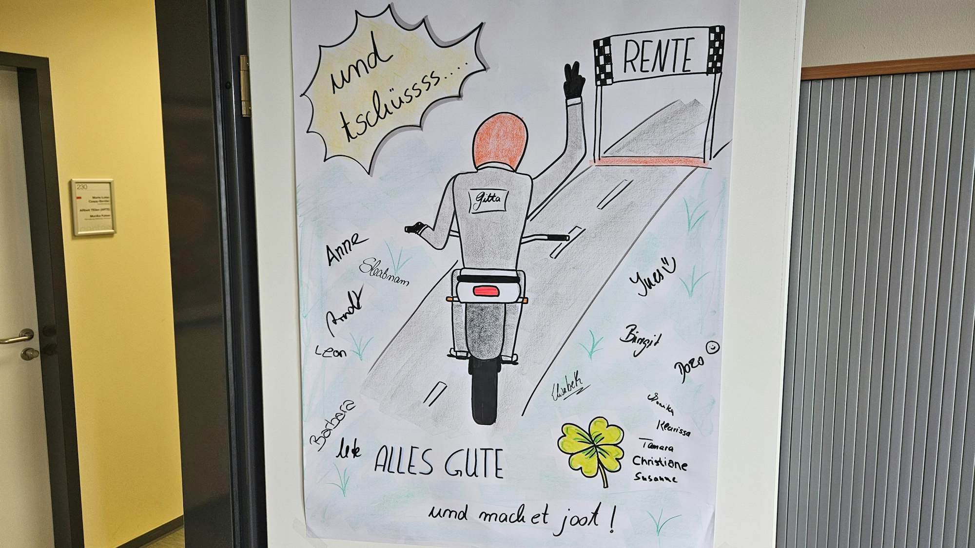 In der Zeichnung fährt eine Motorradfahrerin auf das Ziel, die Rente, zu.