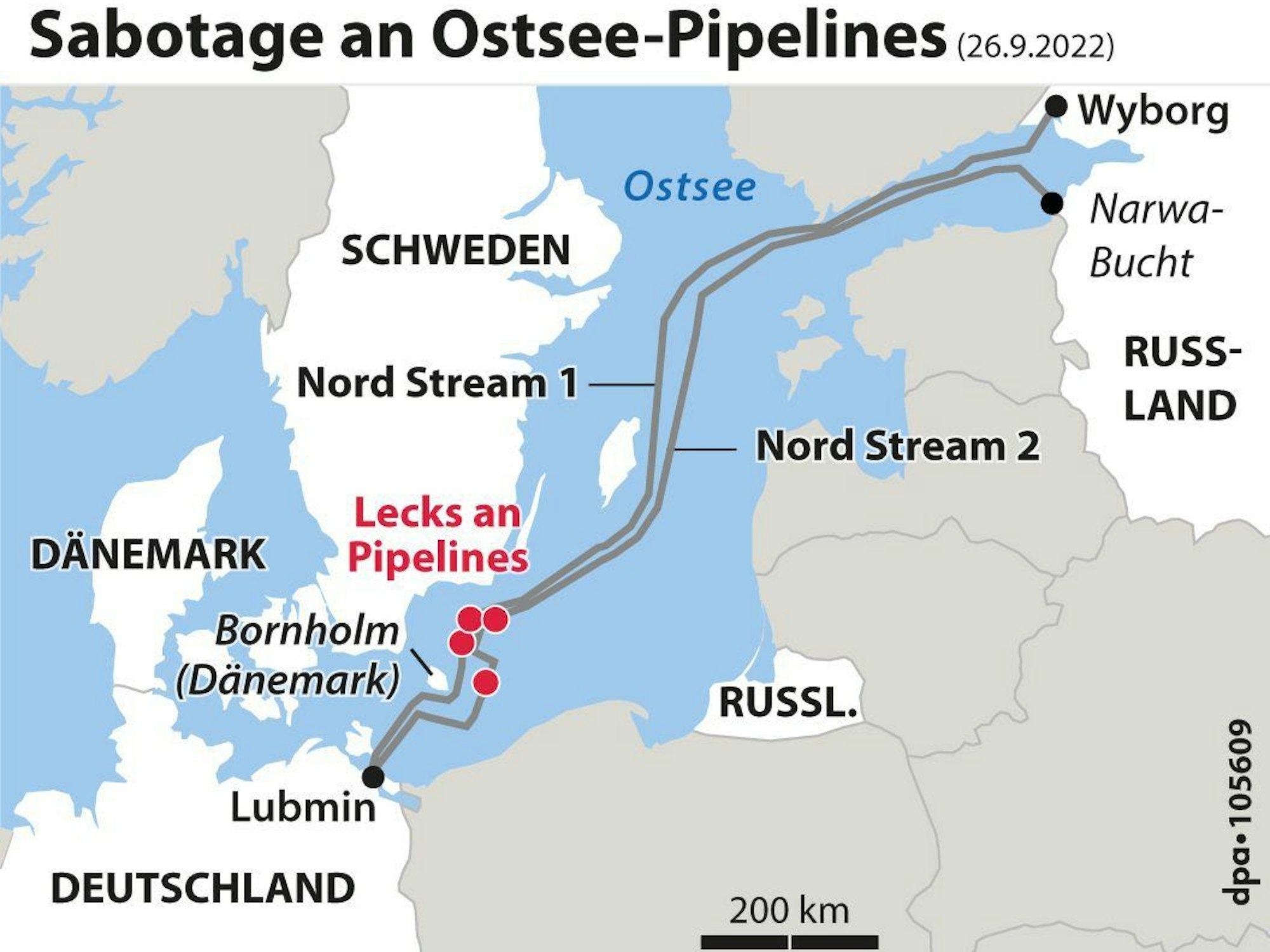 Überblick über Pipeline-Verläufe und Verortung der Lecks sowie der Insel Bornholm.
