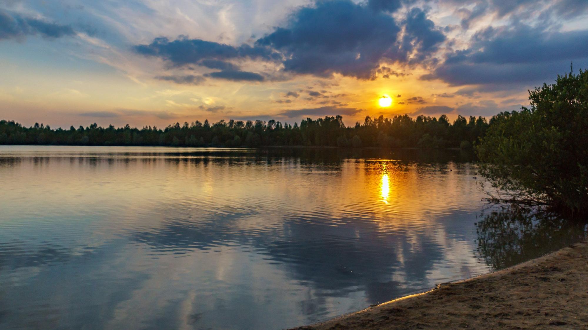 Das Bild zeigt den Boisorfer See, auf dessen Wasseroberfläche sich die untergehende Sonne spiegelt.