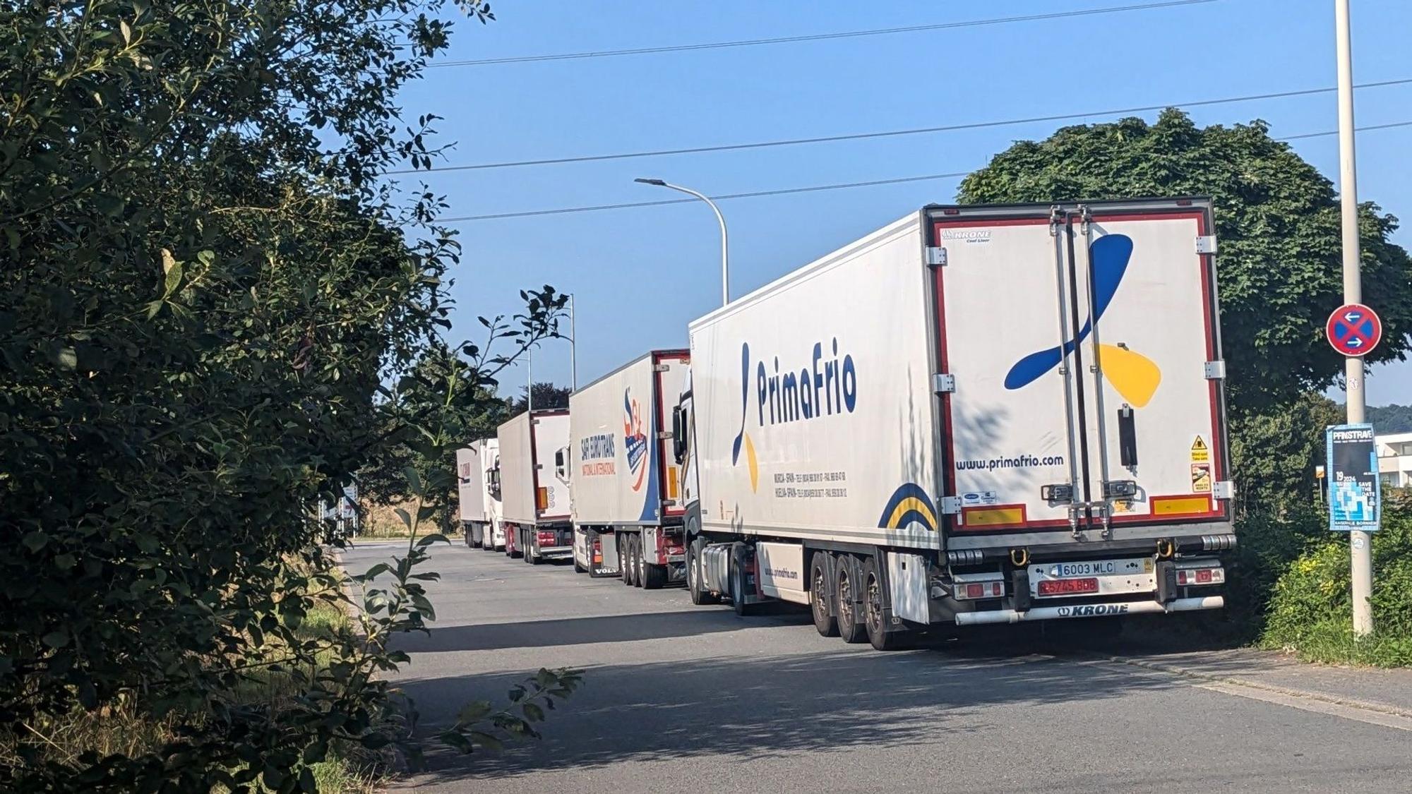 Mehrere geparkte Lastwagen in der Johann--Phillip-Reis-Straße in Bornheim.