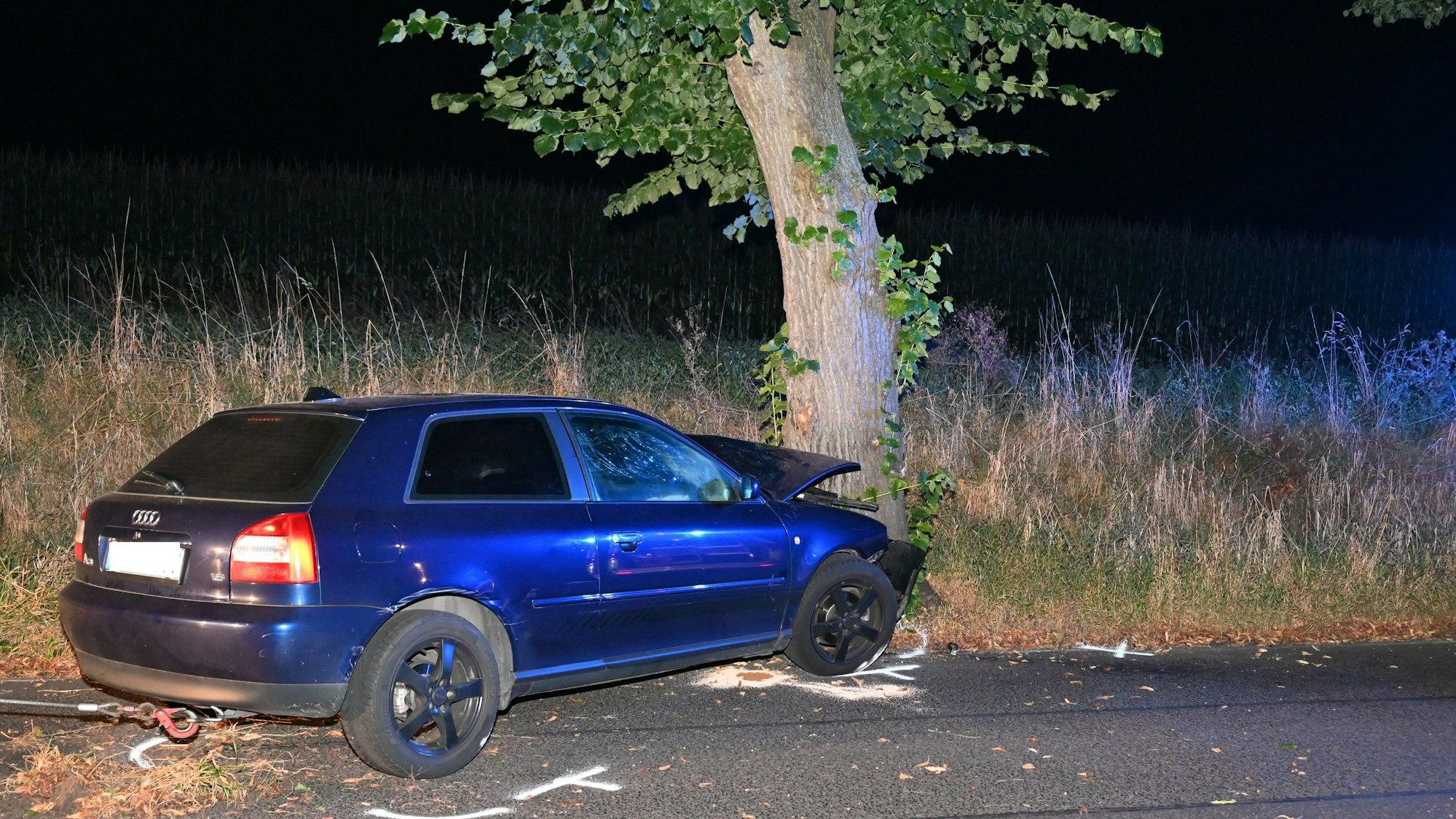 Ein blaues Auto steht kaputt nach einem Unfall an einem Baum. Auf dem Boden Kreidemarkierungen der Polizei.