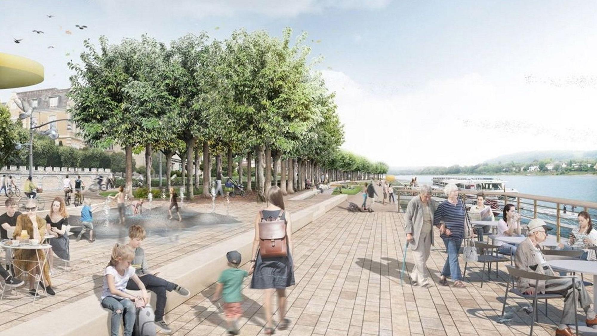 Eine Visualisierung der künftigen Rheinpromenade.