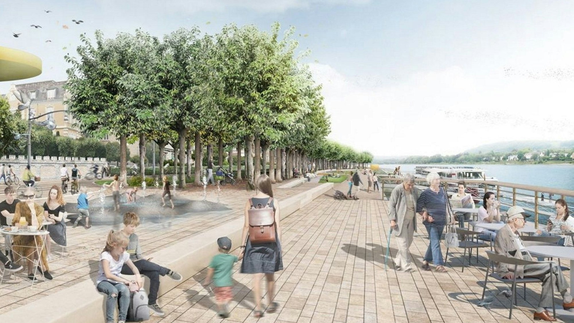 Eine Visualisierung zeigt Menschen an Tischen am Rhein, Spaziergänger und Kinder an einem Brunnen.