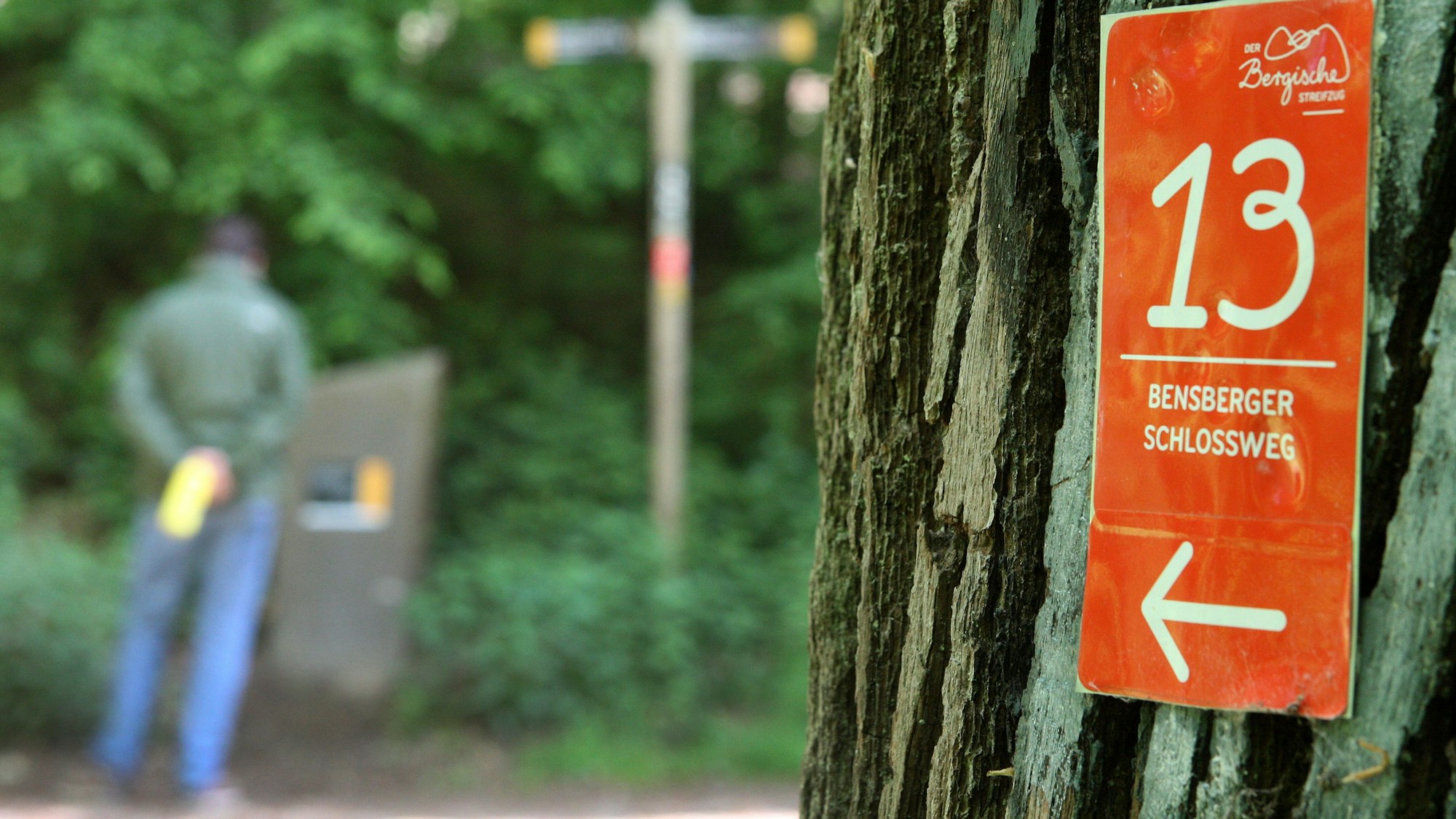 Ein Wanderer steht am Etappenstein des Bergischen Wegs im Milchborntal. Im Vordergrund ist eine Wegemarkierung des Bensberger Schlosswegs zu sehen.