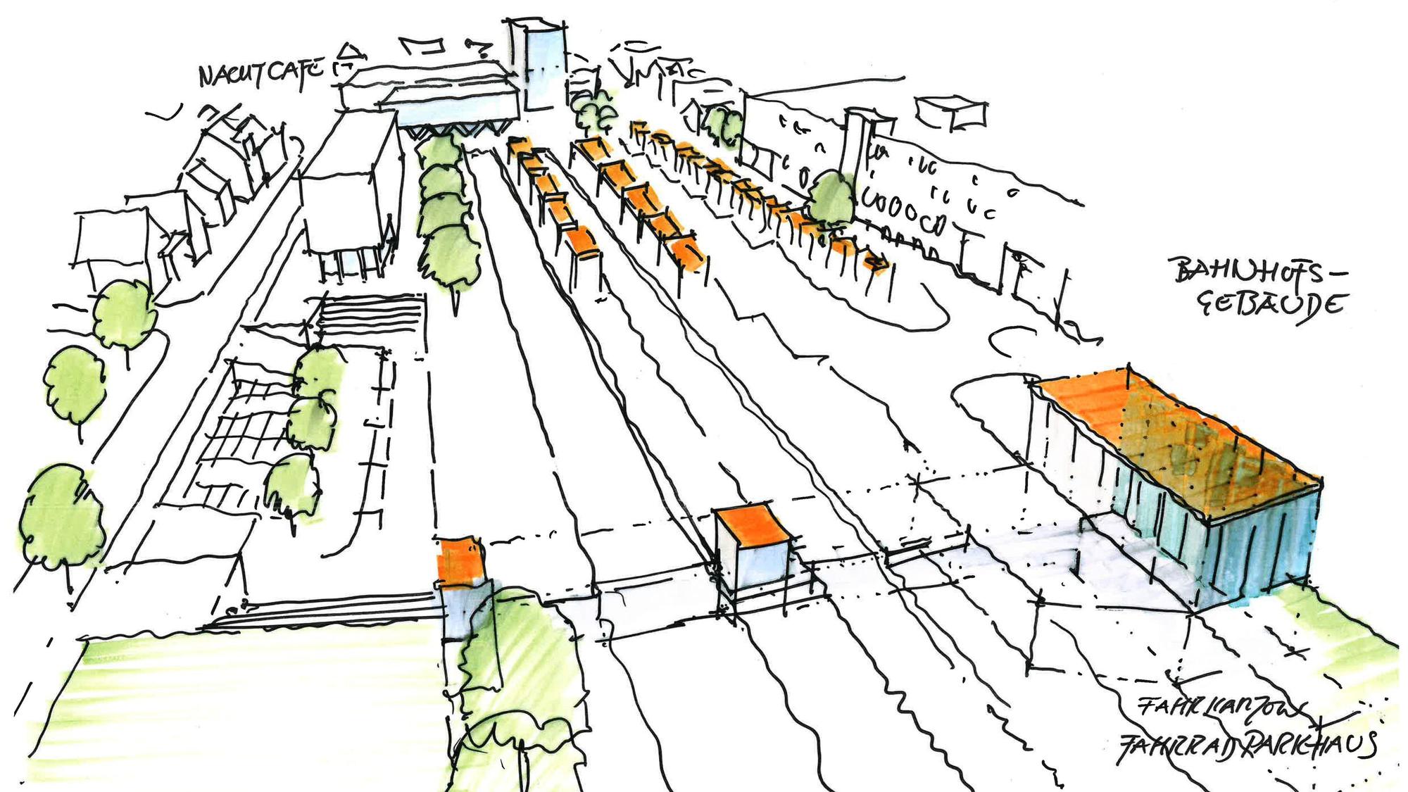 Von der Verwaltung vorgeschlagene städtebauliche Fassung des Bahnhofs mit möglicher Verbindung der Jakobstraße (links) mit der Stationsstraße (rechts) über eine multifunktionale Unterführung.