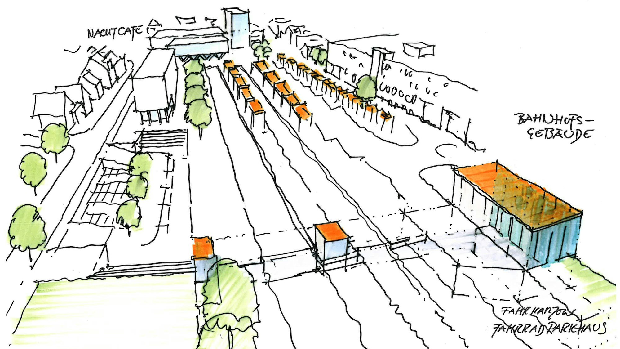 Von der Verwaltung vorgeschlagene städtebauliche Fassung des Bahnhofs mit möglicher Verbindung der Jakobstraße (links) mit der Stationsstraße (rechts) über eine multifunktionale Unterführung.