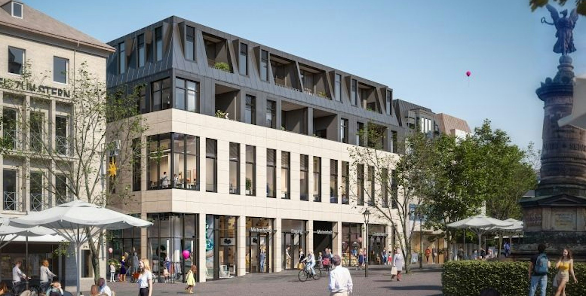 Computeranimation eines Geschäfts- und Wohnhauses an einem Marktplatz