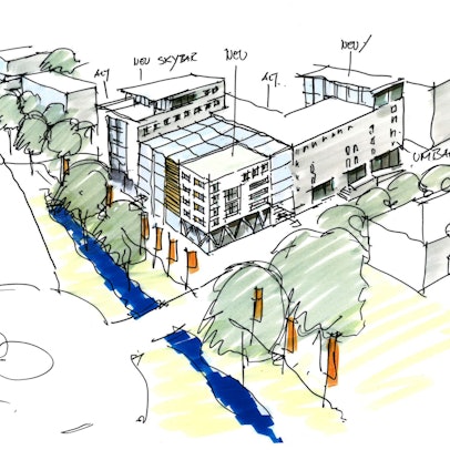 Die Skizze zeigt die beiden Gladbacher Stadthäuser und den mit Gebäuden bebauten Parkplatz