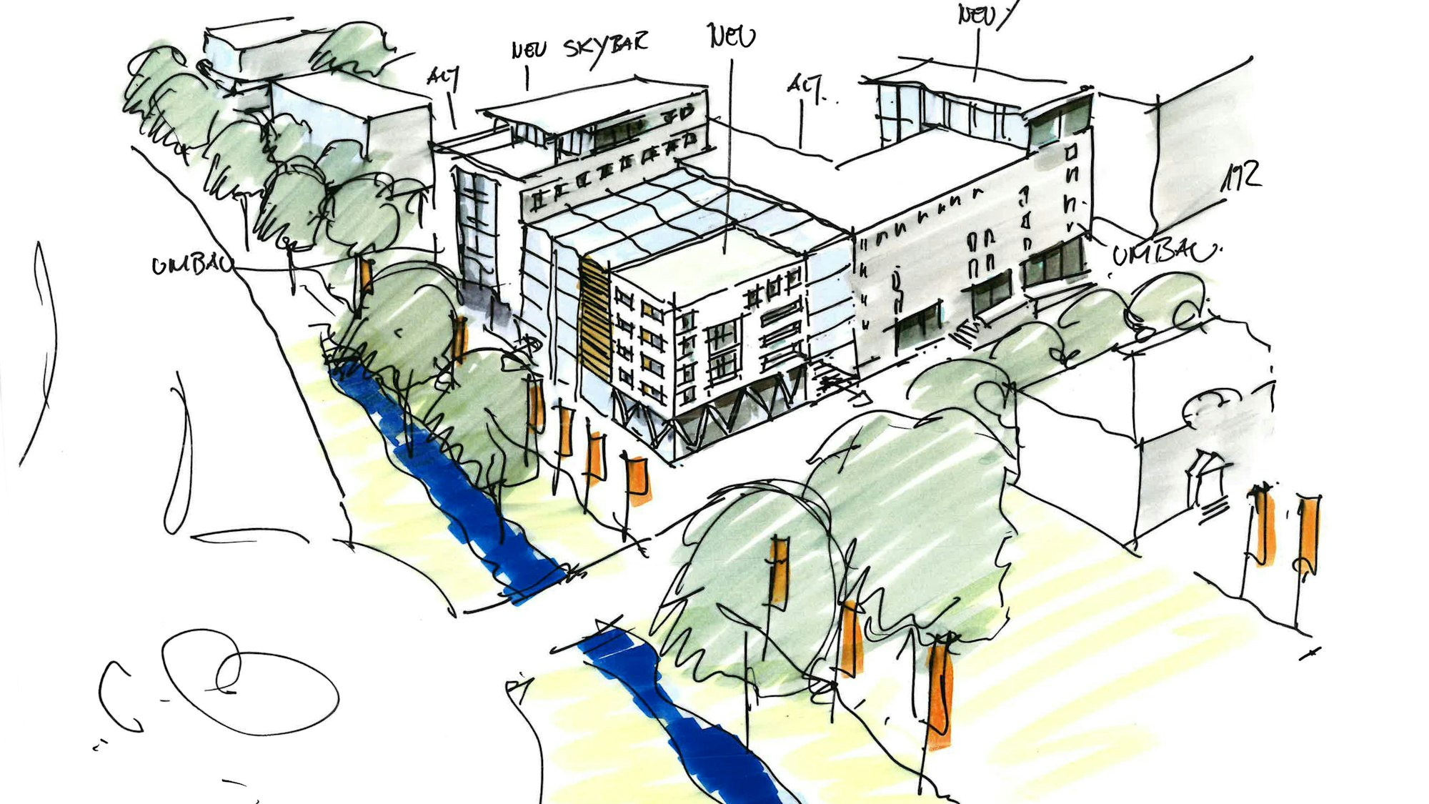 Die Skizze zeigt die beiden Gladbacher Stadthäuser und den mit Gebäuden bebauten Parkplatz
