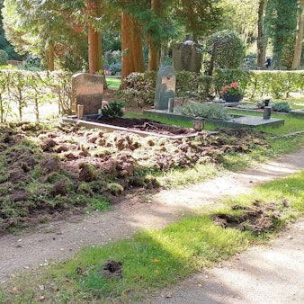 Aufgewühlte Fläche zwischen zwei Gräbern auf einem Friedhof
