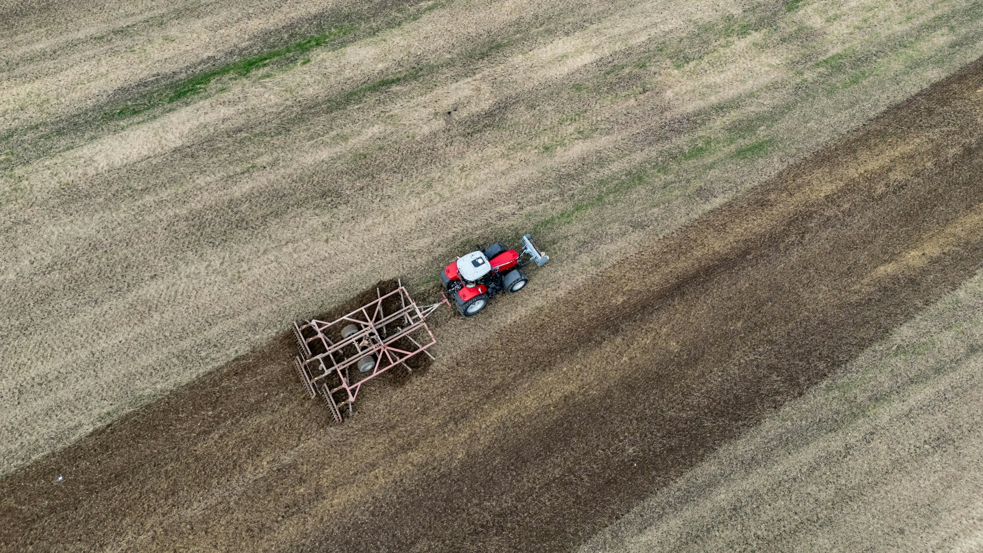 Ein Traktor mit einer Spatenrollegge fährt über ein abgeerntetes Feld