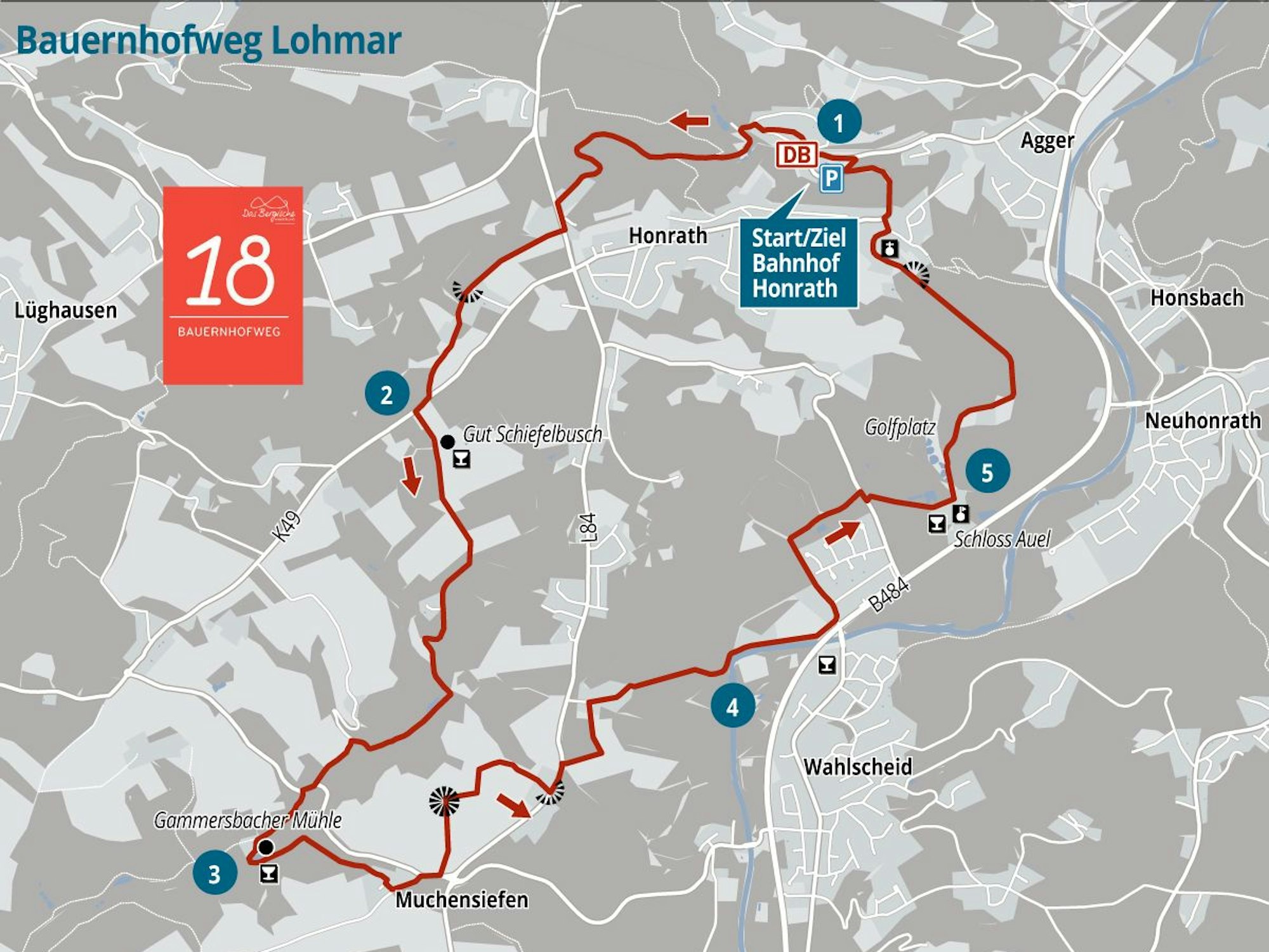 Auf einer Landkarte ist der Wegverlauf des Bauernhofwegs bei Lohmar eingezeichnet.