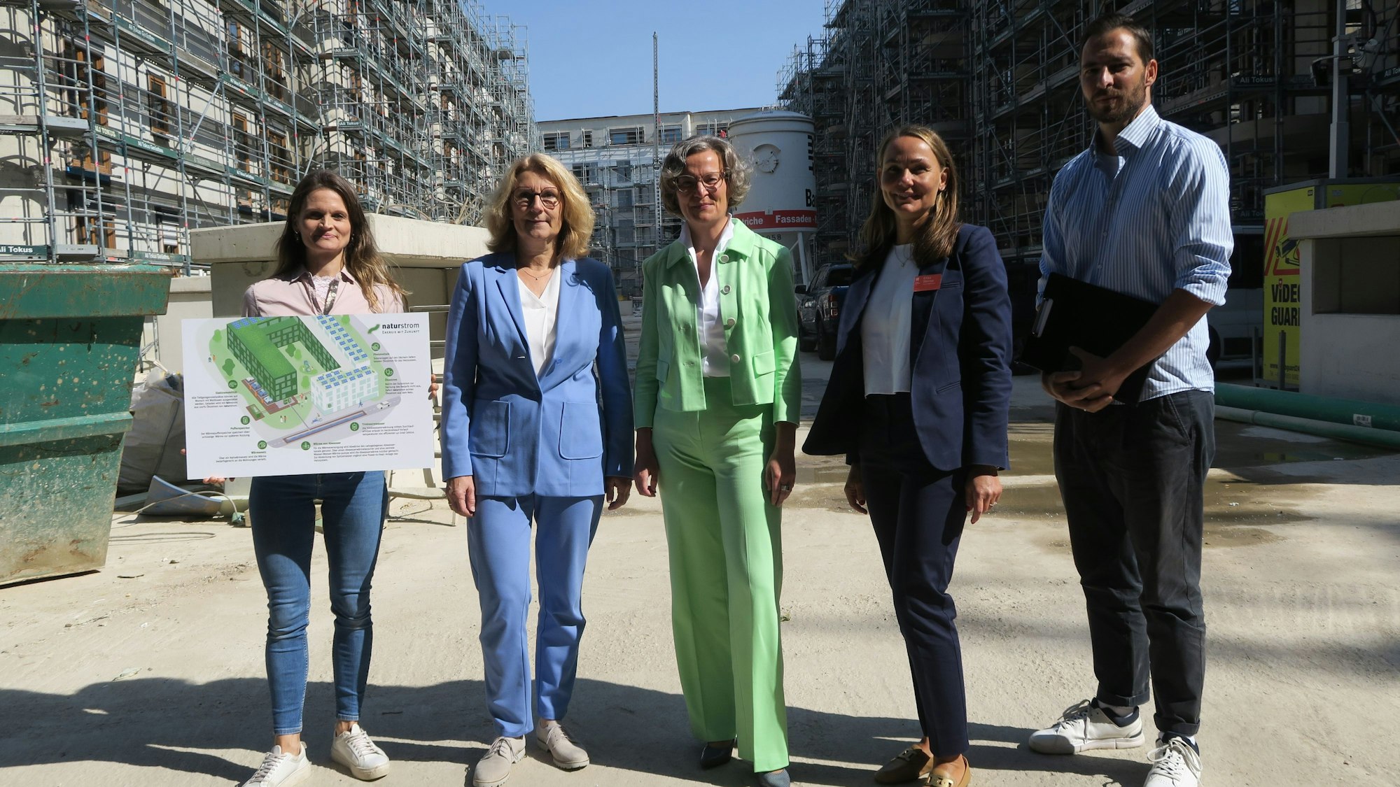 (v.l.) Dr. Sarah Debor, Ulrike Franzke, Ina Scharrenbach, Erika Werres und Stephan von Bothmer im Innenhof des neuen Wohnquartiers „Lück“.