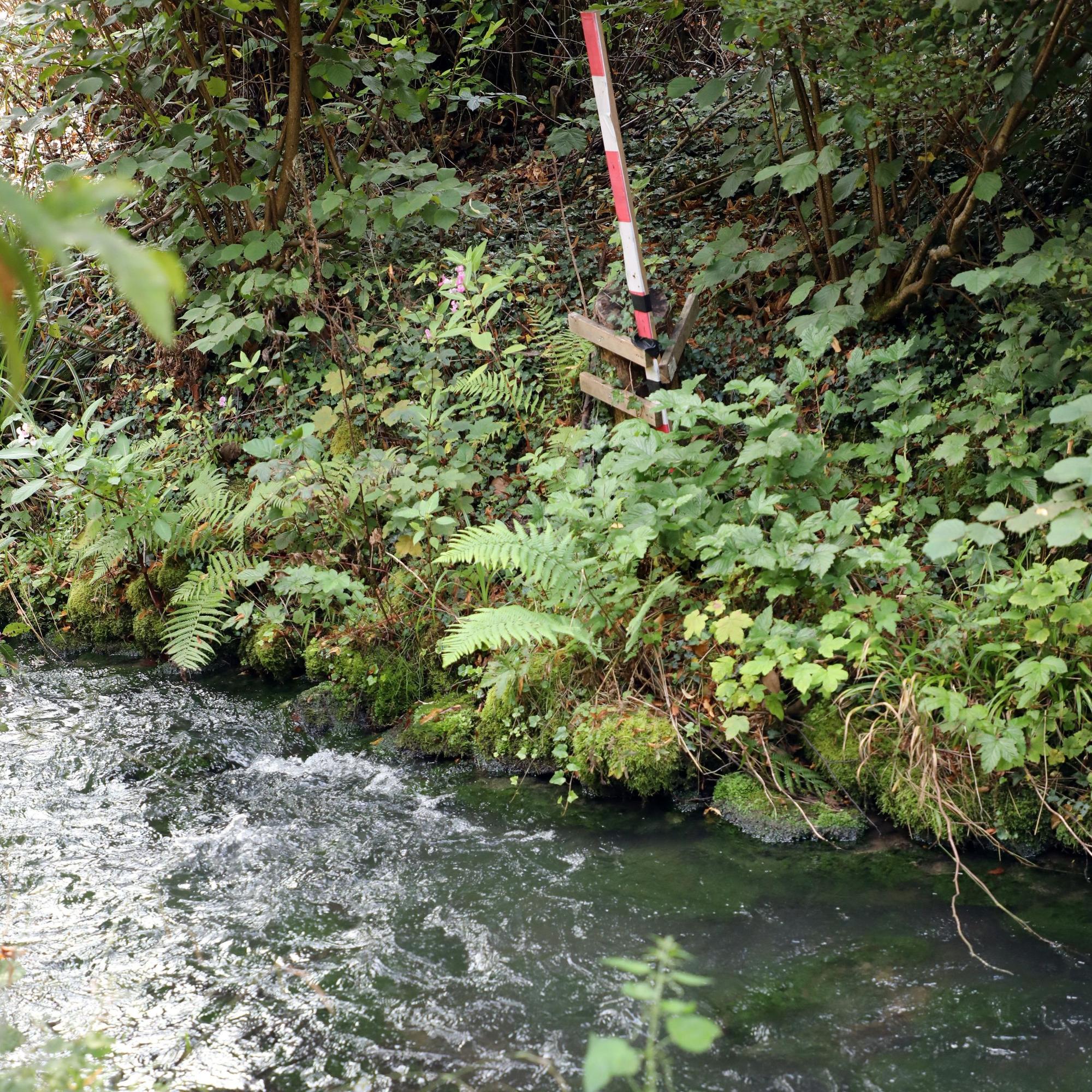 Am Ufer der Strunde sind Hochwassermarken angebracht.
