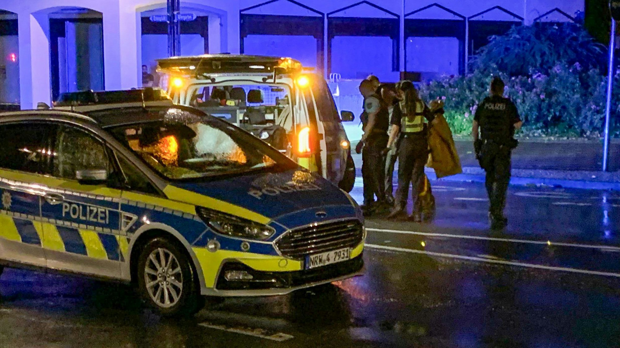 Es sind zwei Fahrzeuge der Polizei zu sehen und mehrere Menschen.