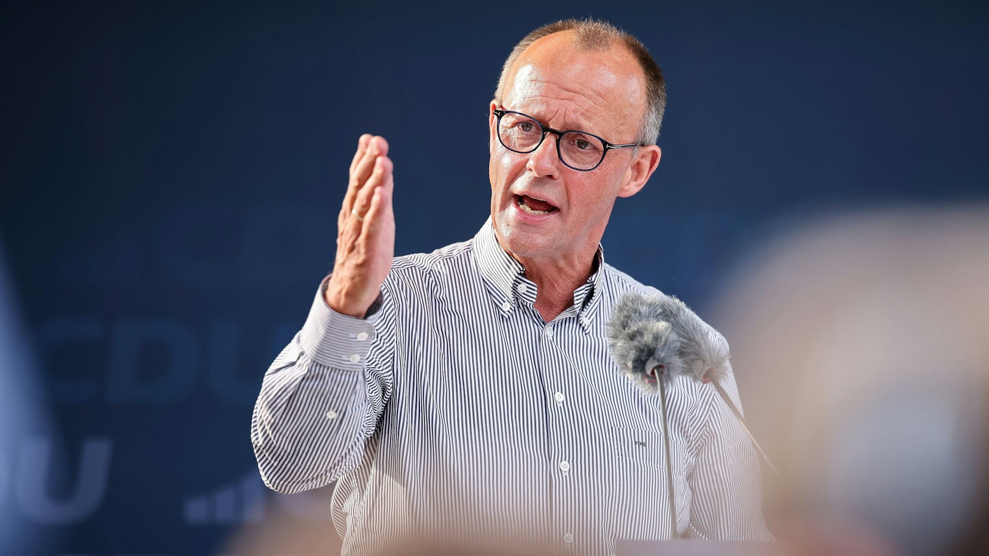 ARCHIV - 18.07.2024, Sachsen, Meerane: Friedrich Merz, Bundesvorsitzender CDU, spricht zum Wahlkampfauftakt der CDU Sachsen und Thüringen. (zu dpa: «Merz fordert Aufnahmestopp für Syrer und Afghanen») Foto: Jan Woitas/dpa +++ dpa-Bildfunk +++