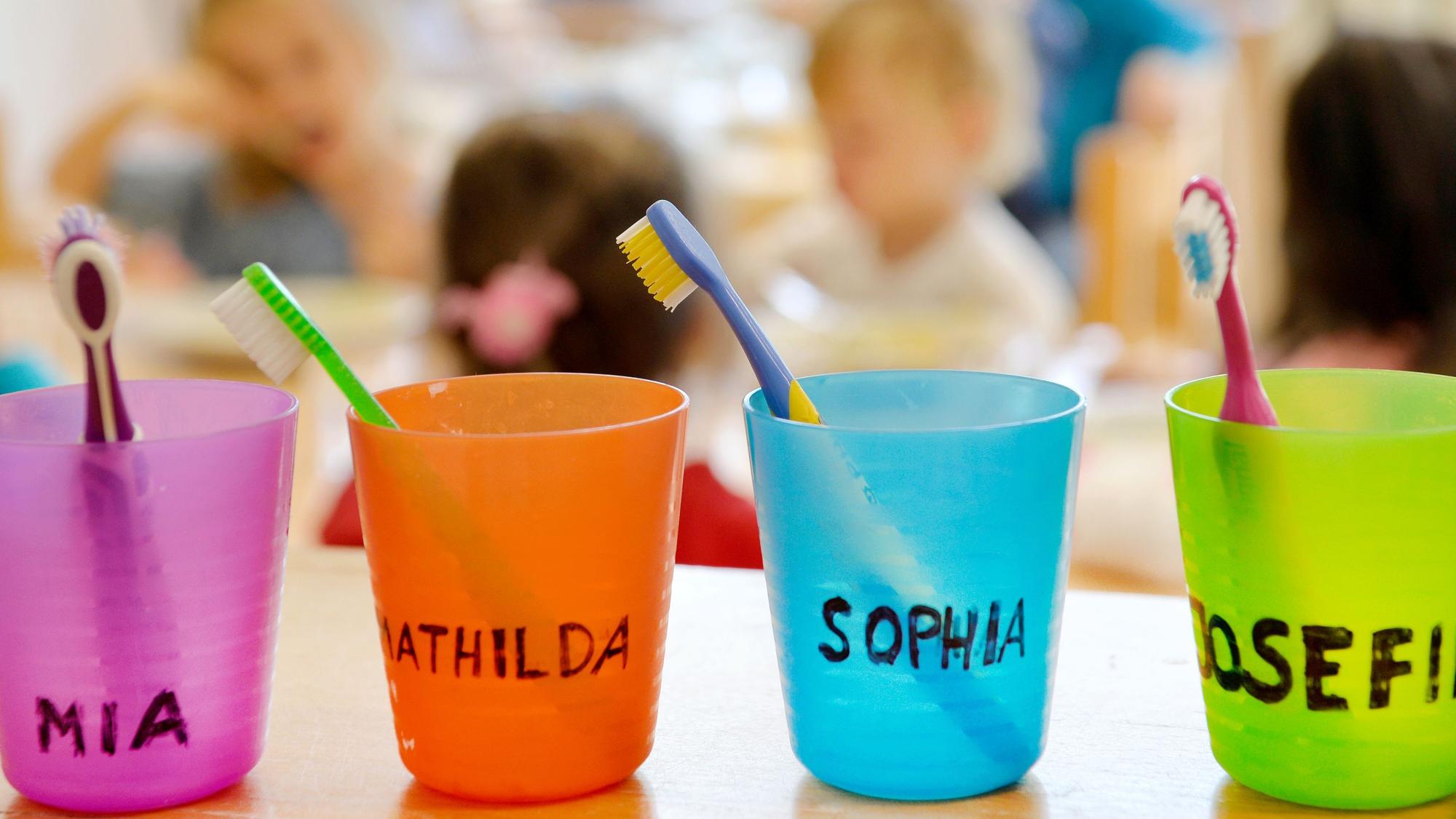 Zahnbürsten und Zahnputzbecher mit den Vornamen der Kinder stehen in einer Kindertagesstätte auf einem Tisch.