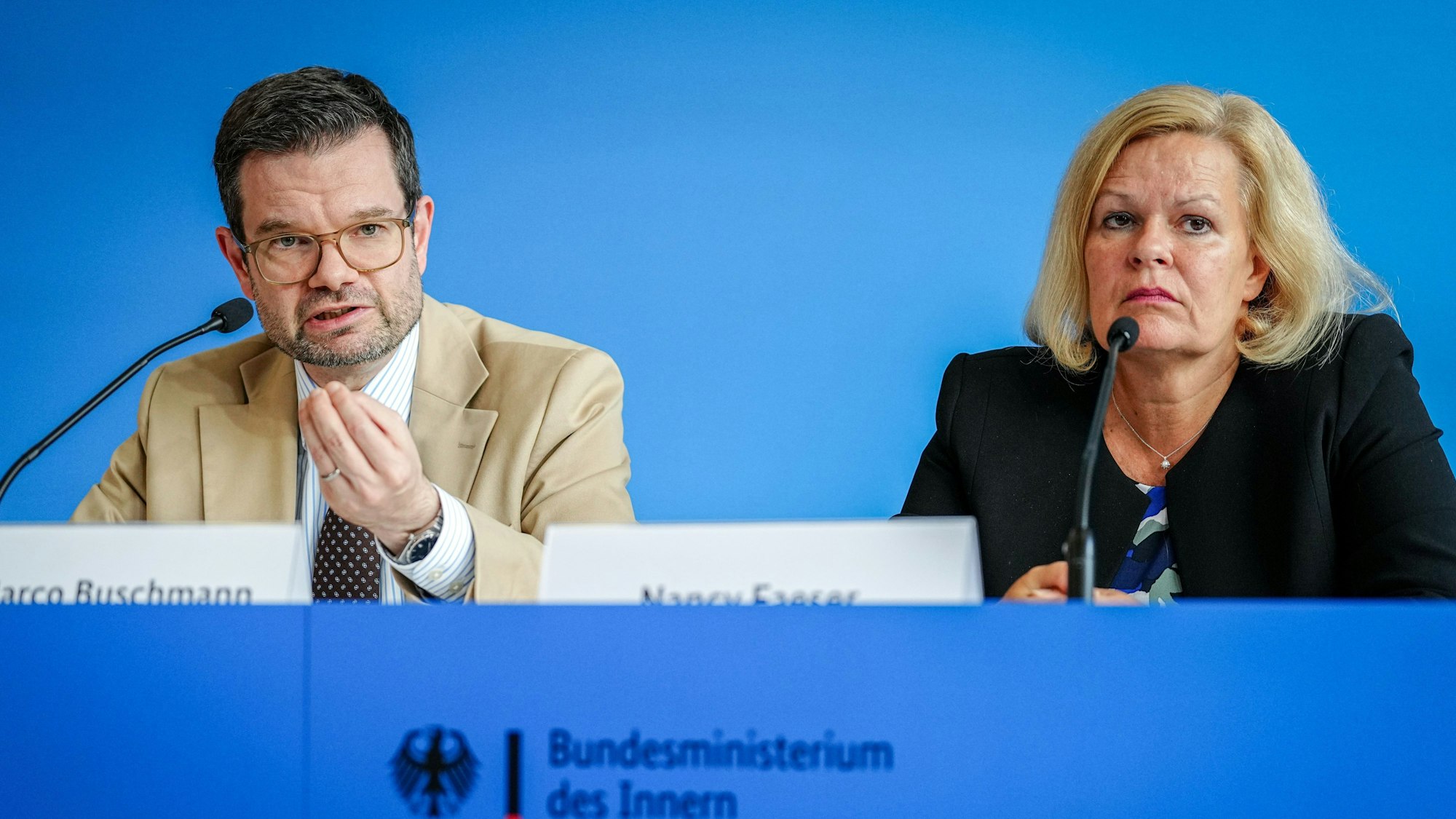 Nancy Faeser (SPD), Bundesministerin für Inneres und Heimat, und Marco Buschmann (FDP), Bundesminister der Justiz, stellen ein Sicherheitspaket nach der Messerattacke von Solingen vor.
