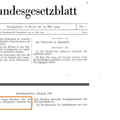 Das Grundgesetz in seiner ursprünglichen Form, Collage der Seiten 1, 13 und 14 des Bundesgesetzblattes Nr.1 vom 23.5.1949.