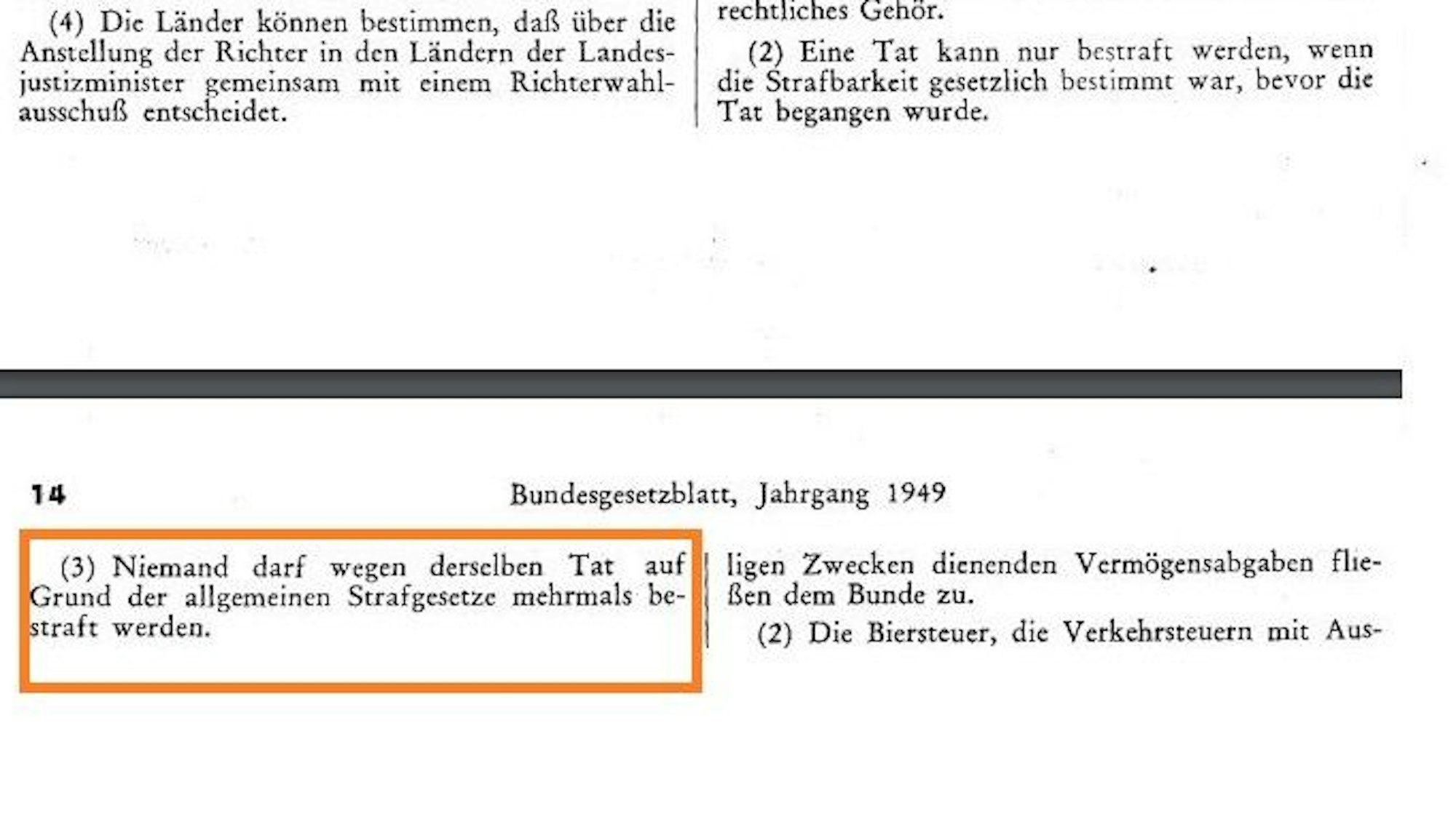 Das Grundgesetz in seiner ursprünglichen Form, Collage der Seiten 1, 13 und 14 des Bundesgesetzblattes Nr.1 vom 23.5.1949.