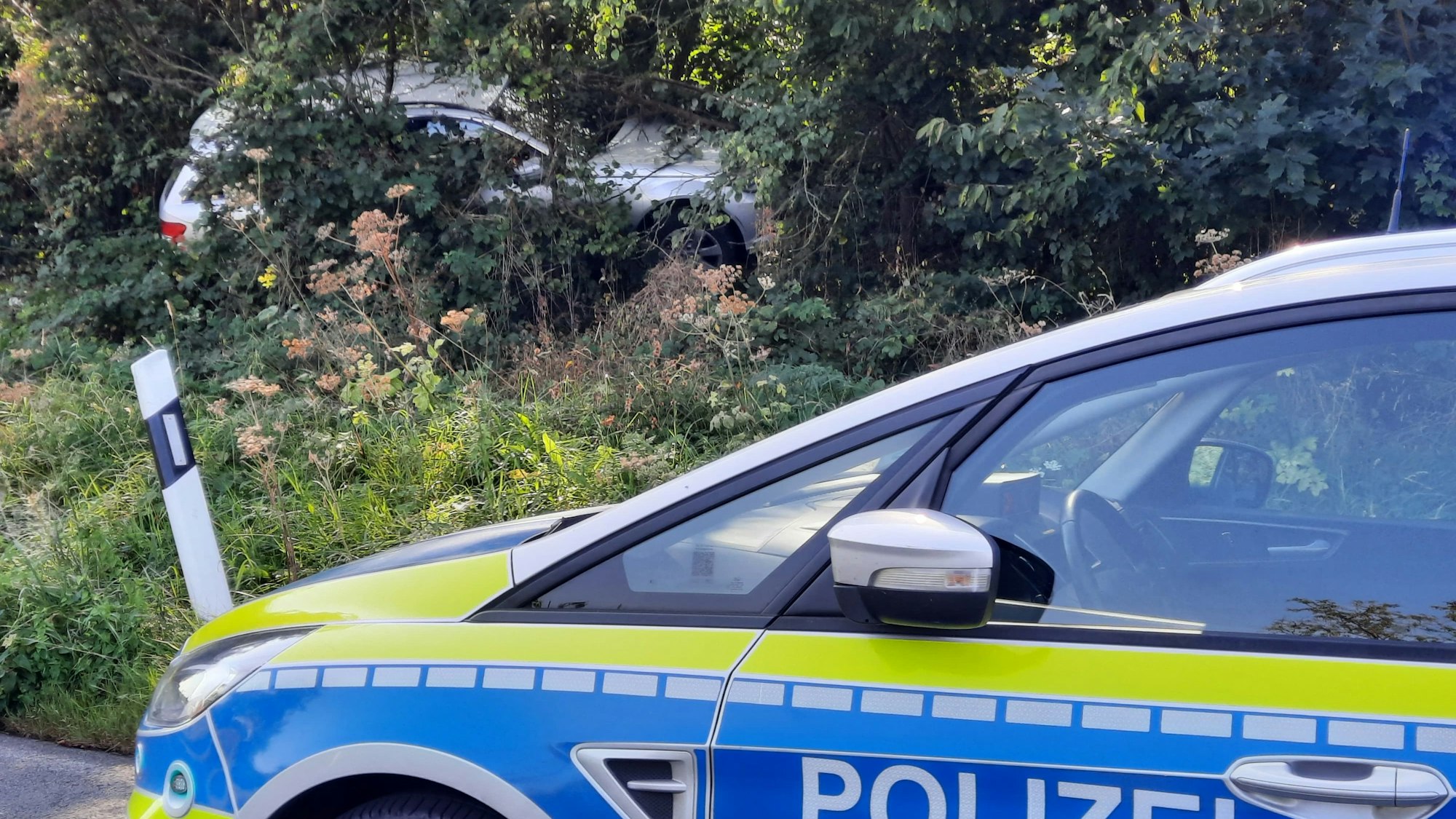 Ein silberner Wagen liegt im Gebüsch, ein Polizeifahrzeug steht auf der Straße.
