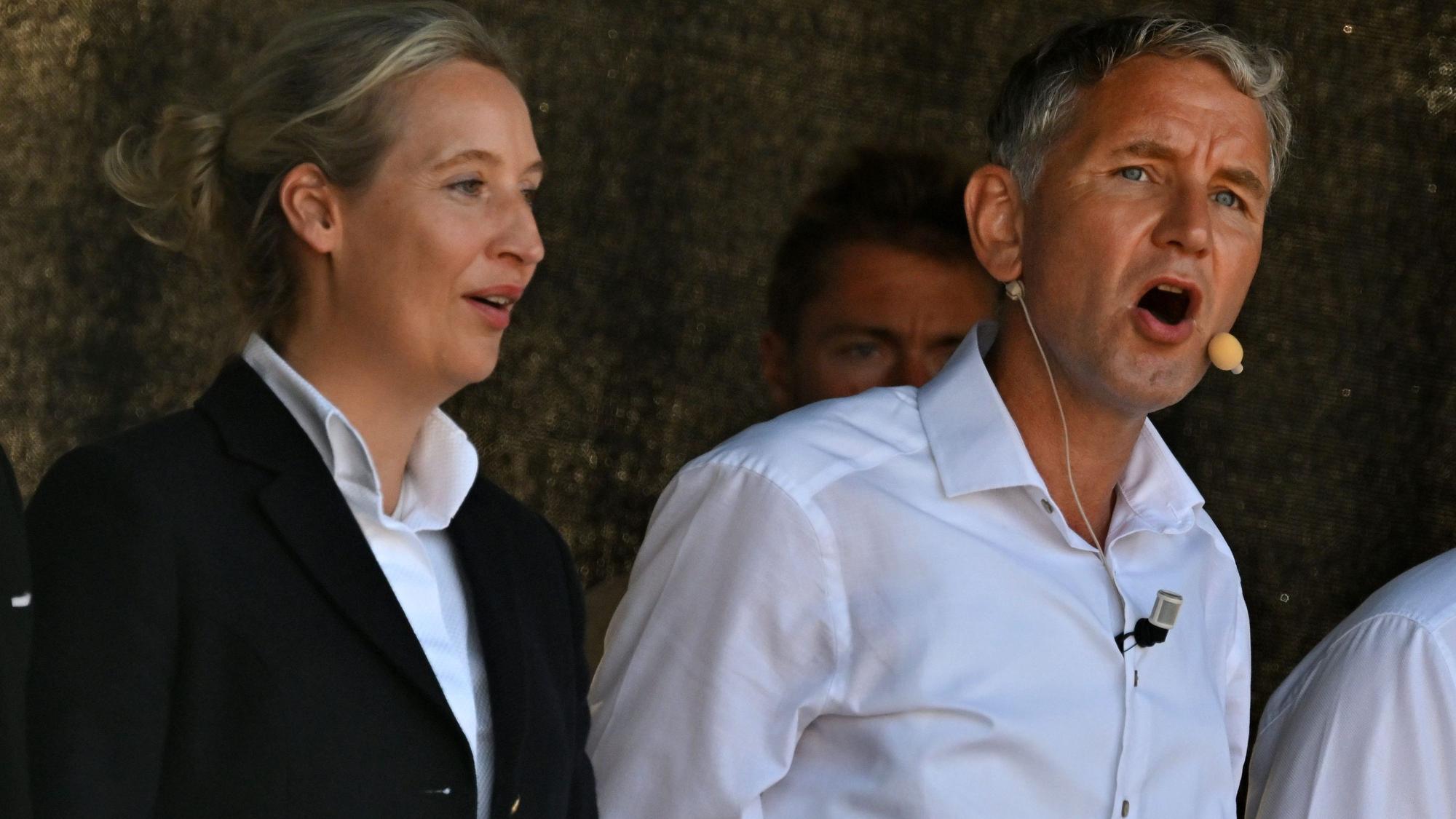 Alice Weidel (l), AfD-Bundessprecherin, und Björn Höcke, AfD-Spitzenkandidat in Thüringen, nehmen an einer Demonstration der AfD als Wahlkampfabschluss auf dem Domplatz in Erfurt teil.