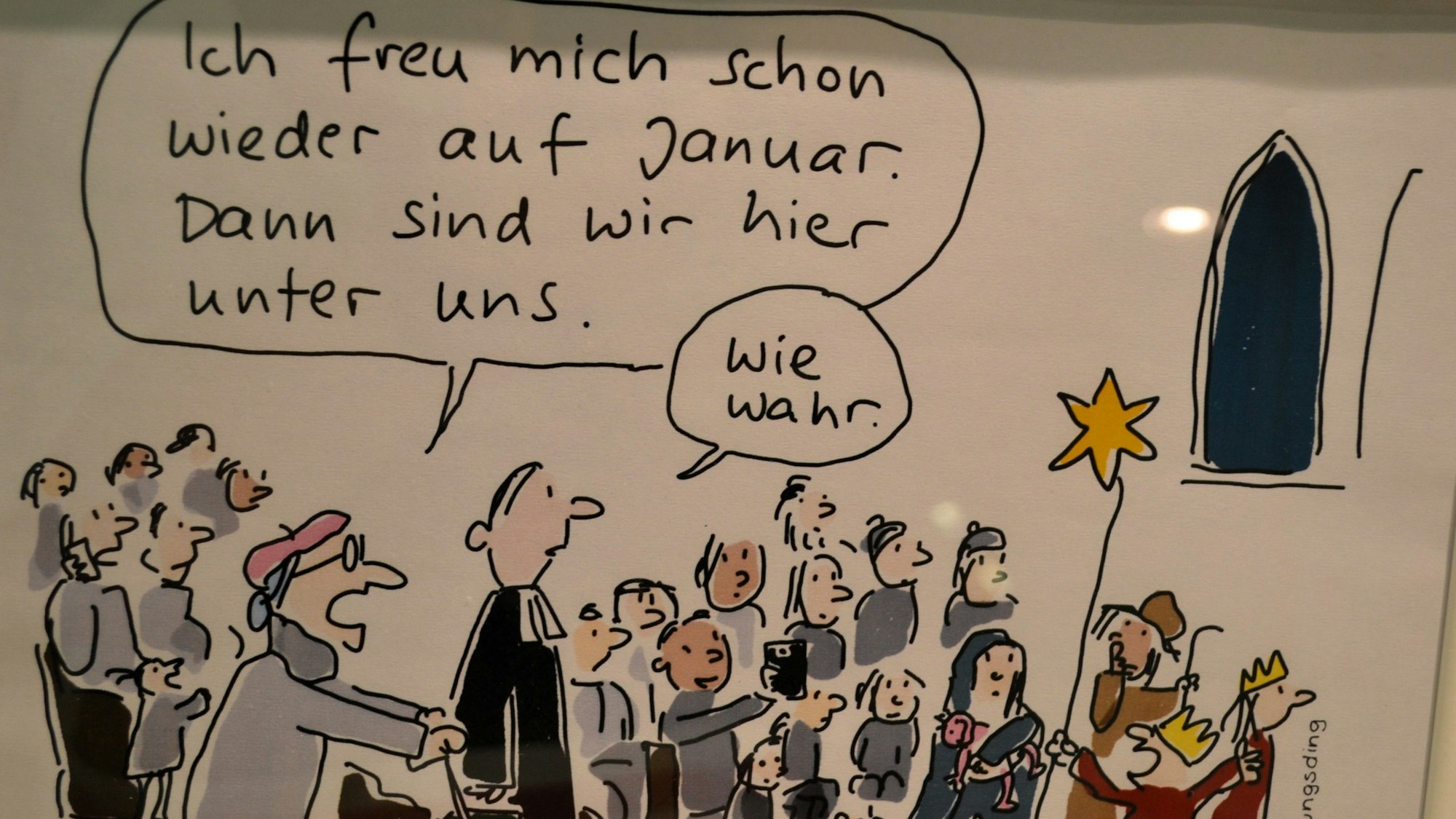 Eine Cartoon-Zeichnung zeigt den Gottesdienst an Weihnachten. „Ich freu mich schon wieder auf Januar“, sagt eine alte Dame zum Pfarrer. „Dann sind wir hier unter uns.“
