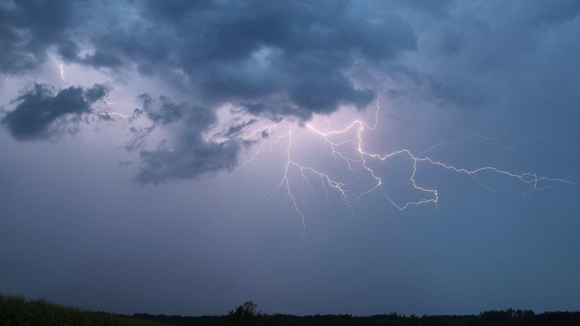 Ein Blitz zuckt bei einem Sommergewitter am abendlichen Himmel. (Symbolbild)