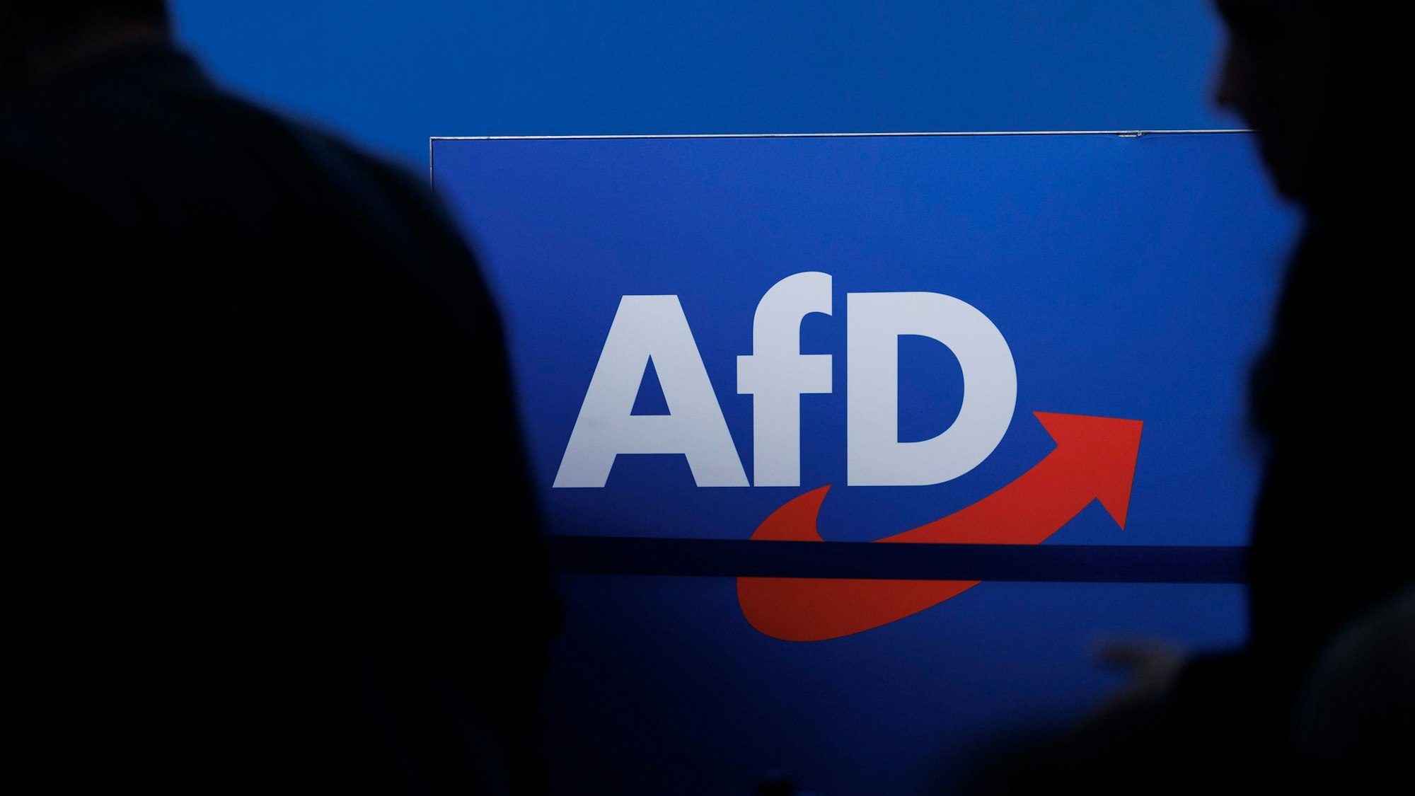 Delegierte gehen vor dem Parteilogo bei dem AfD-Bundesparteitag in Magdeburg.