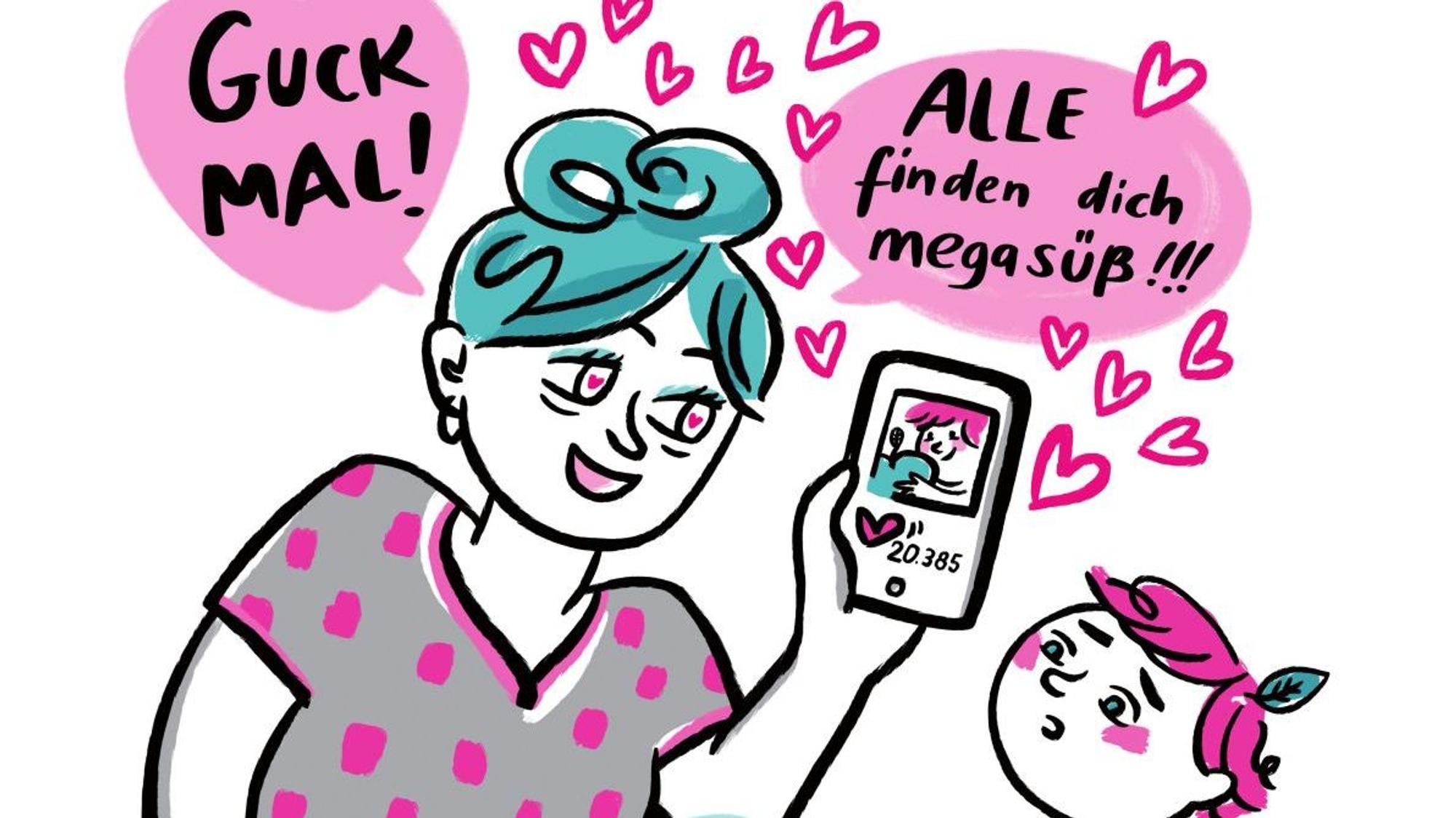 Eine Comic-Zeichnung stellt eine Frau dar, die einem Kind ihr Handy zeigt mit den Worten: "Guck mal, alle finden dich megasüß!".