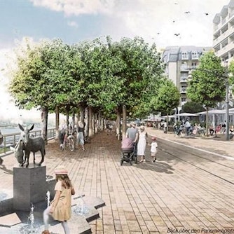 Ein Entwurf für die neue Rheinpromenade, im Vordergrund der Eselsbrunnen.
